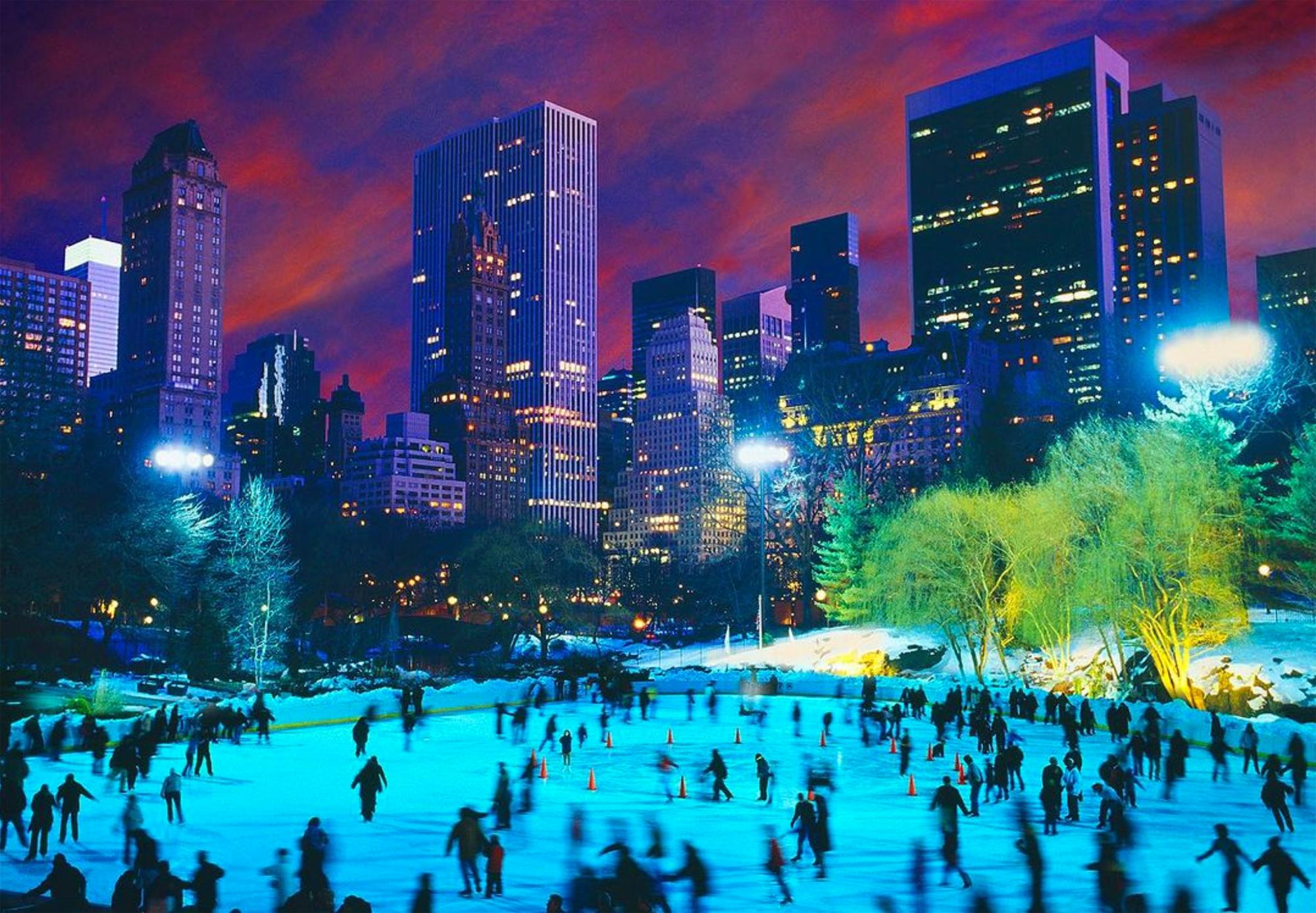 Mitchell Funk Landscape Photograph -  Central Park Ice Skaters at Night  Purple Sky in  New York City