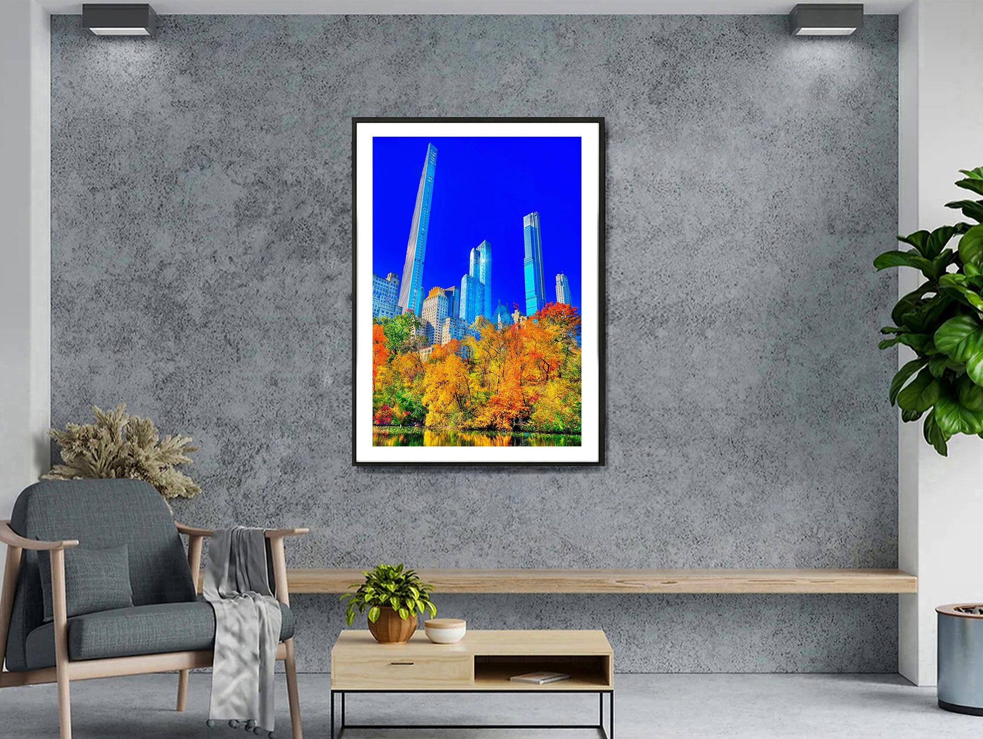 Im Herbst im Central Park mit Wolkenkratzern in der Billionaires- Row. Surreale Stadt (Violett), Color Photograph, von Mitchell Funk