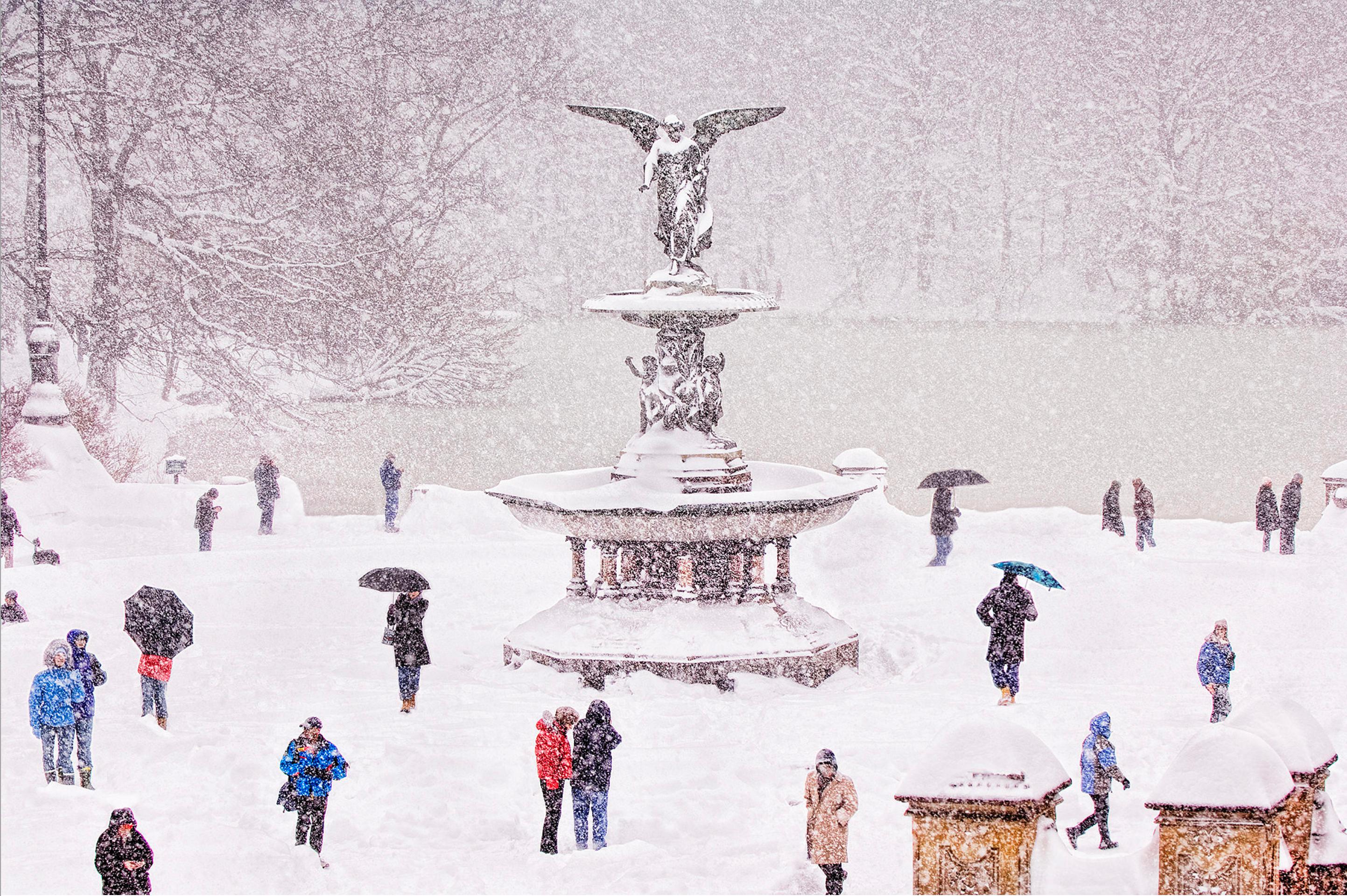 Mitchell Funk Color Photograph - Central Park in Snow Bethesda Fountain with Monochromatic Color Scheme 
