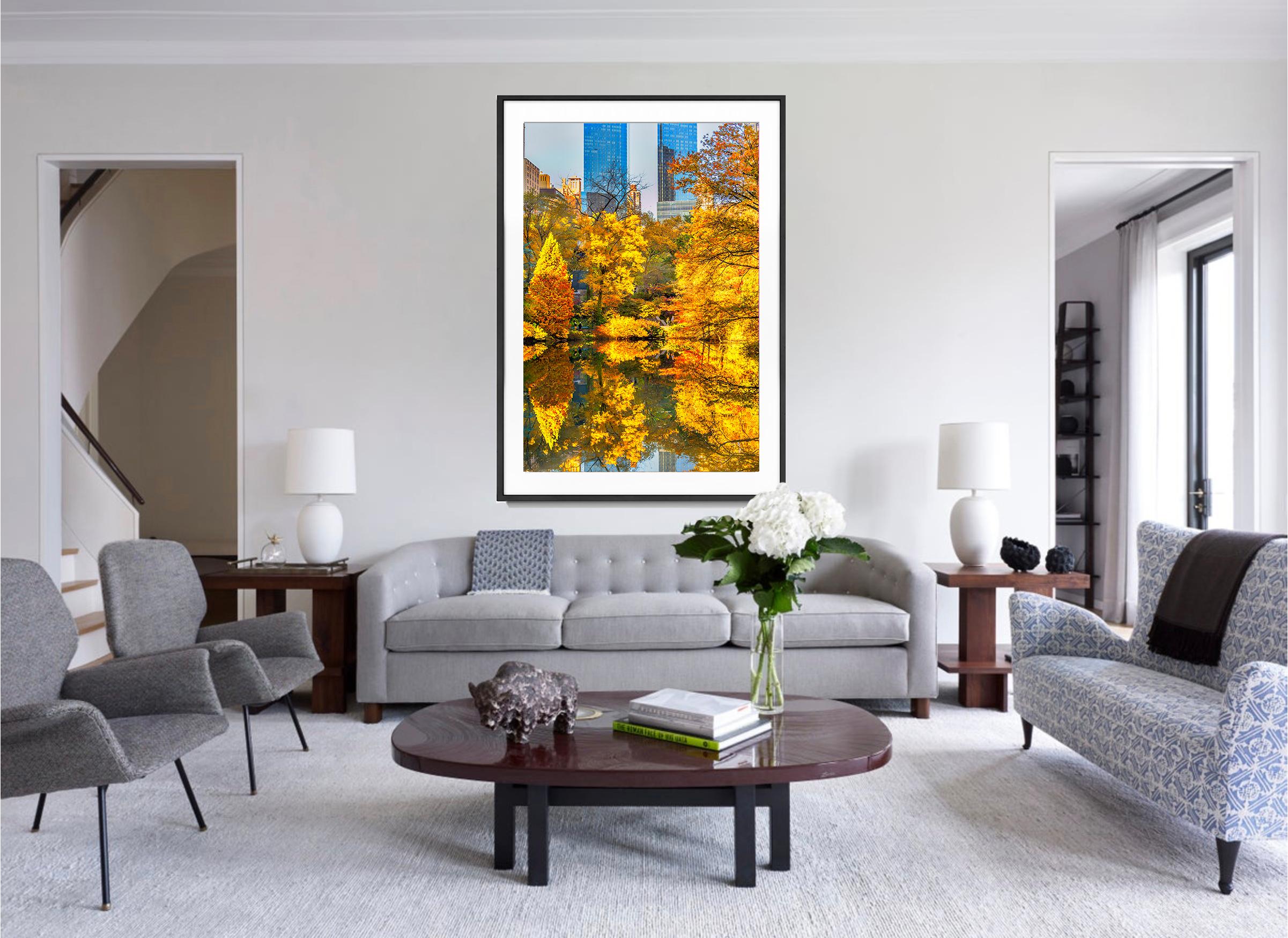 Der Central Park South erstrahlt in herbstlichen Gelbtönen und sanften Brauntönen (Impressionismus), Photograph, von Mitchell Funk