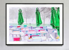 Central Park, Tables And Umbrellas On Snowy Day, Sign Color Fine Art Print