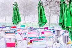 Central Park, Tables And Umbrellas On Snowy Day, Sign Color Fine Art Print