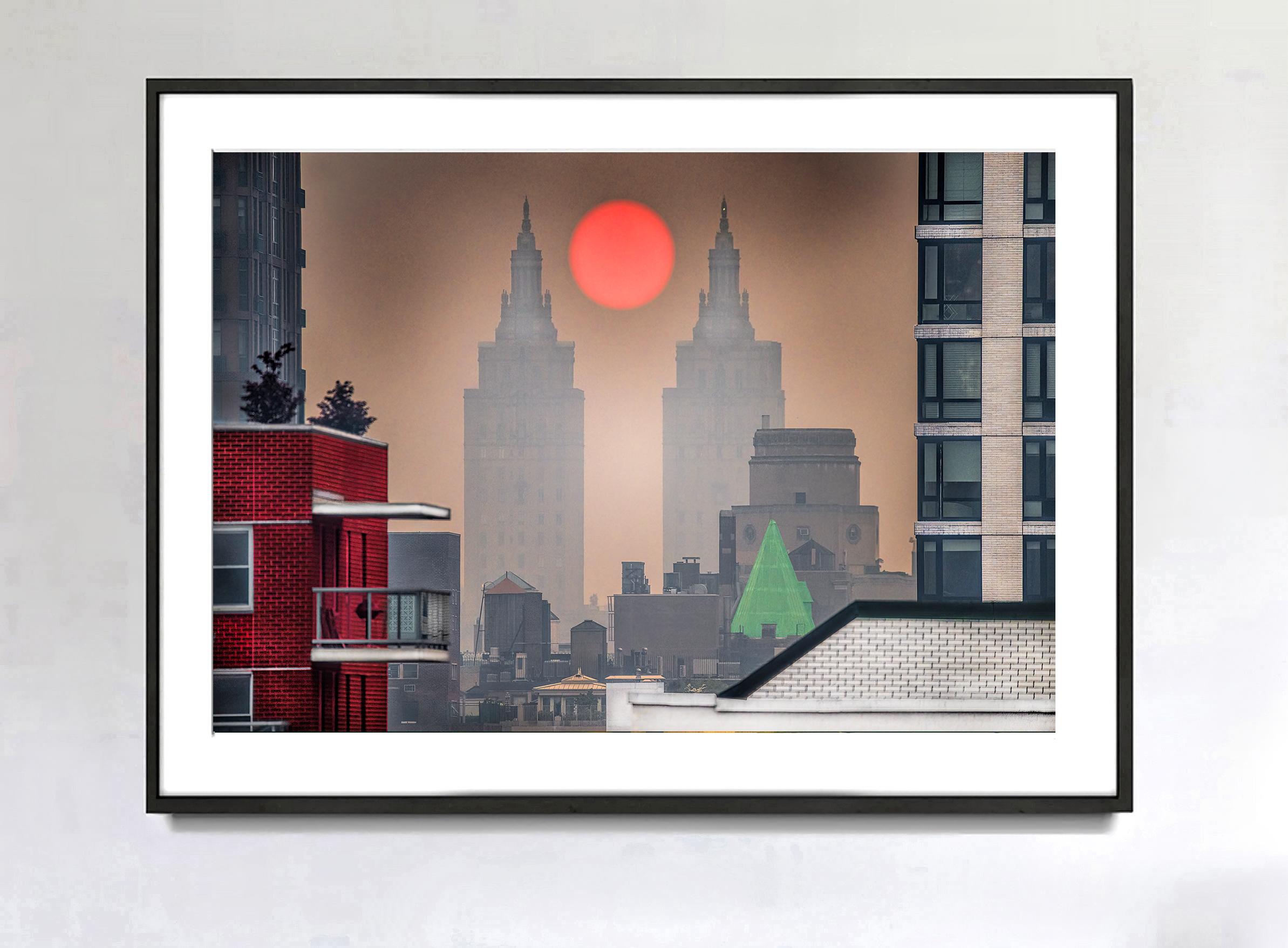 New York City Hazy Day, Central Park West Towers Cradle Orange Red Sun - Photograph by Mitchell Funk
