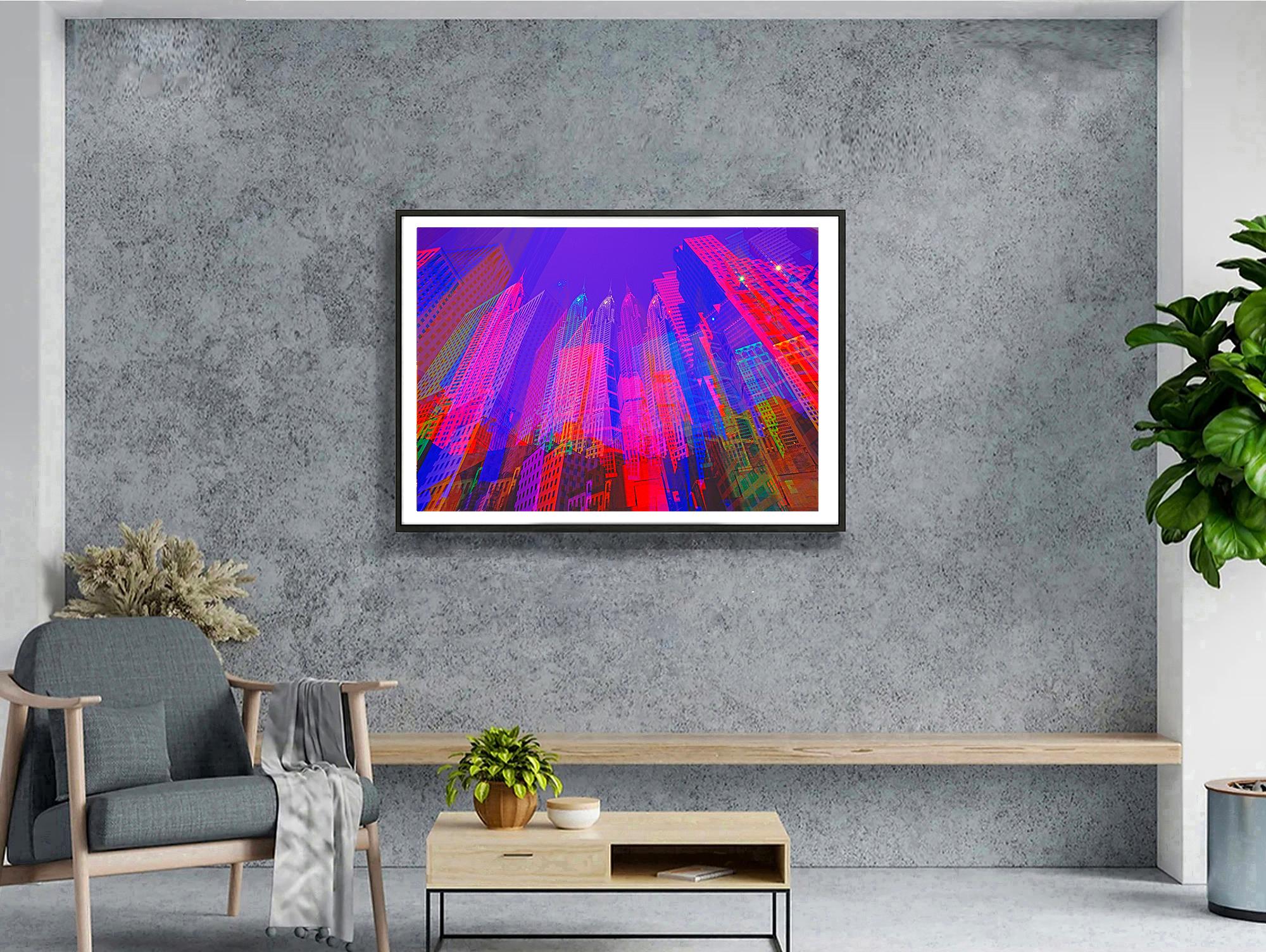 Edificio Chrysler en exposición múltiple de azul y magenta - Photograph de Mitchell Funk