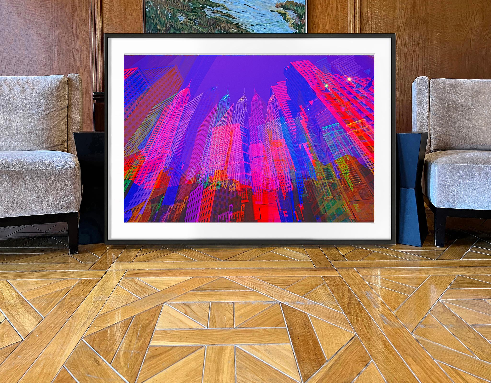 Edificio Chrysler en exposición múltiple de azul y magenta - Color Photograph Azul de Mitchell Funk