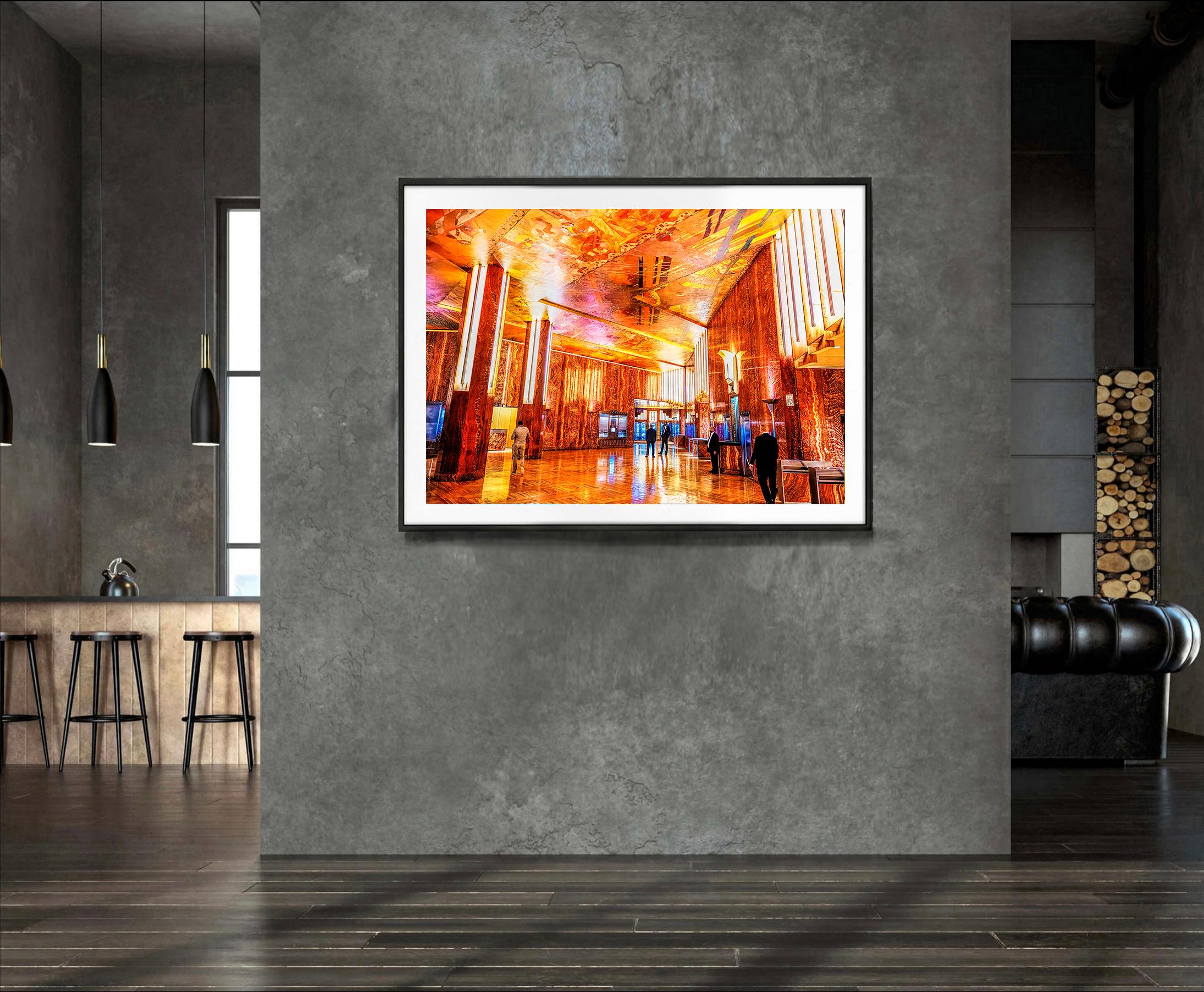 Chrysler-Gebäude Innenraum Art Deco in prächtigem Goldorange (Orange), Landscape Photograph, von Mitchell Funk
