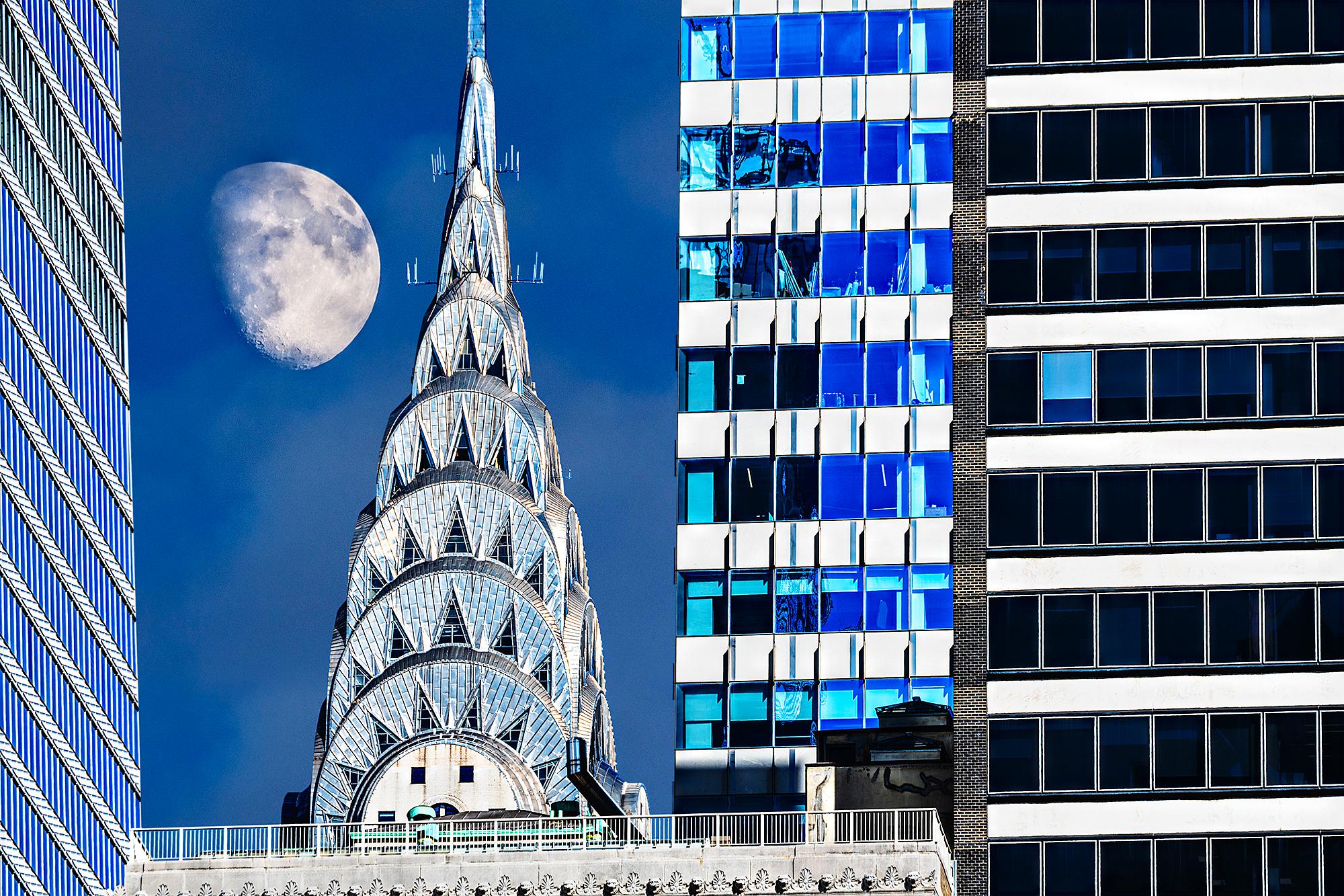 Mitchell Funk Color Photograph - Chrysler Building Spire with Moon   - Art Deco skyscraper