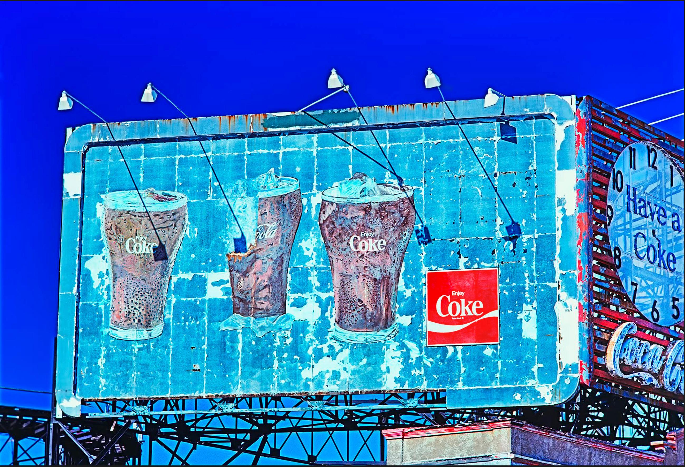 Mitchell Funk Color Photograph - Vintage Blue Coca-Cola Coke Sign Coney Island