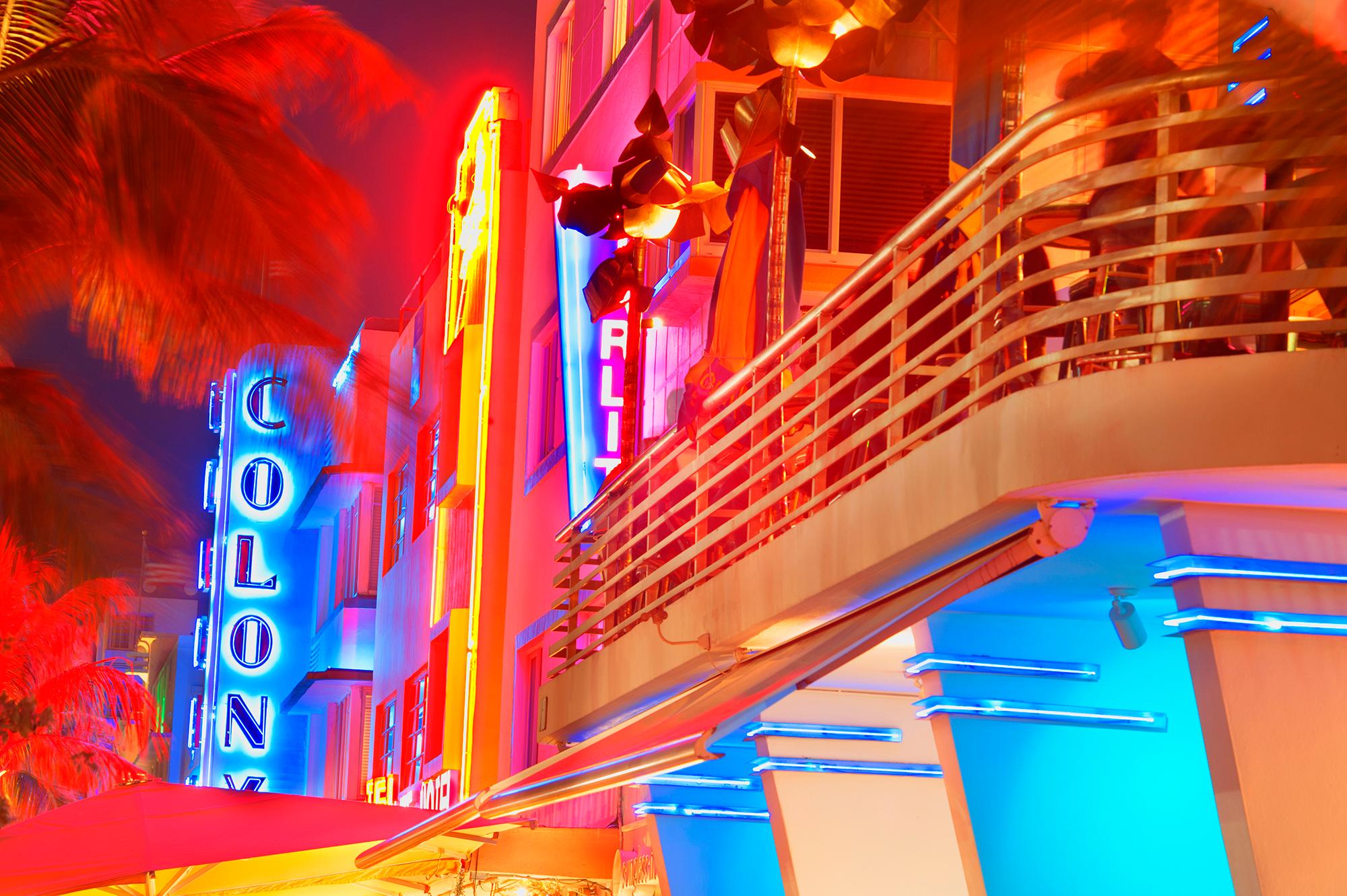 Mitchell Funk Landscape Photograph - Colony Hotel Ocean Drive, South Beach at Night  Tropical Neon Reds and Neon Blue