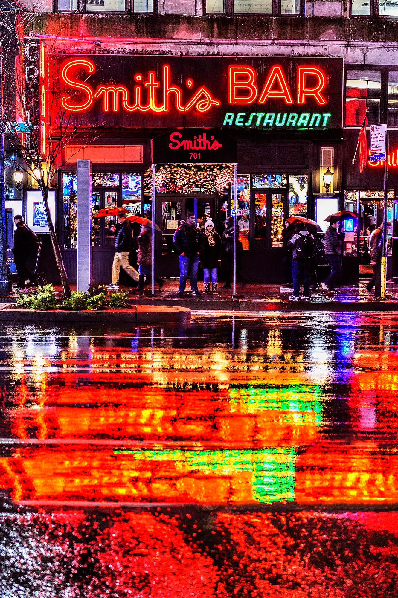 Mitchell Funk Abstract Photograph - Color reflections on a rainy Neon New York Night
