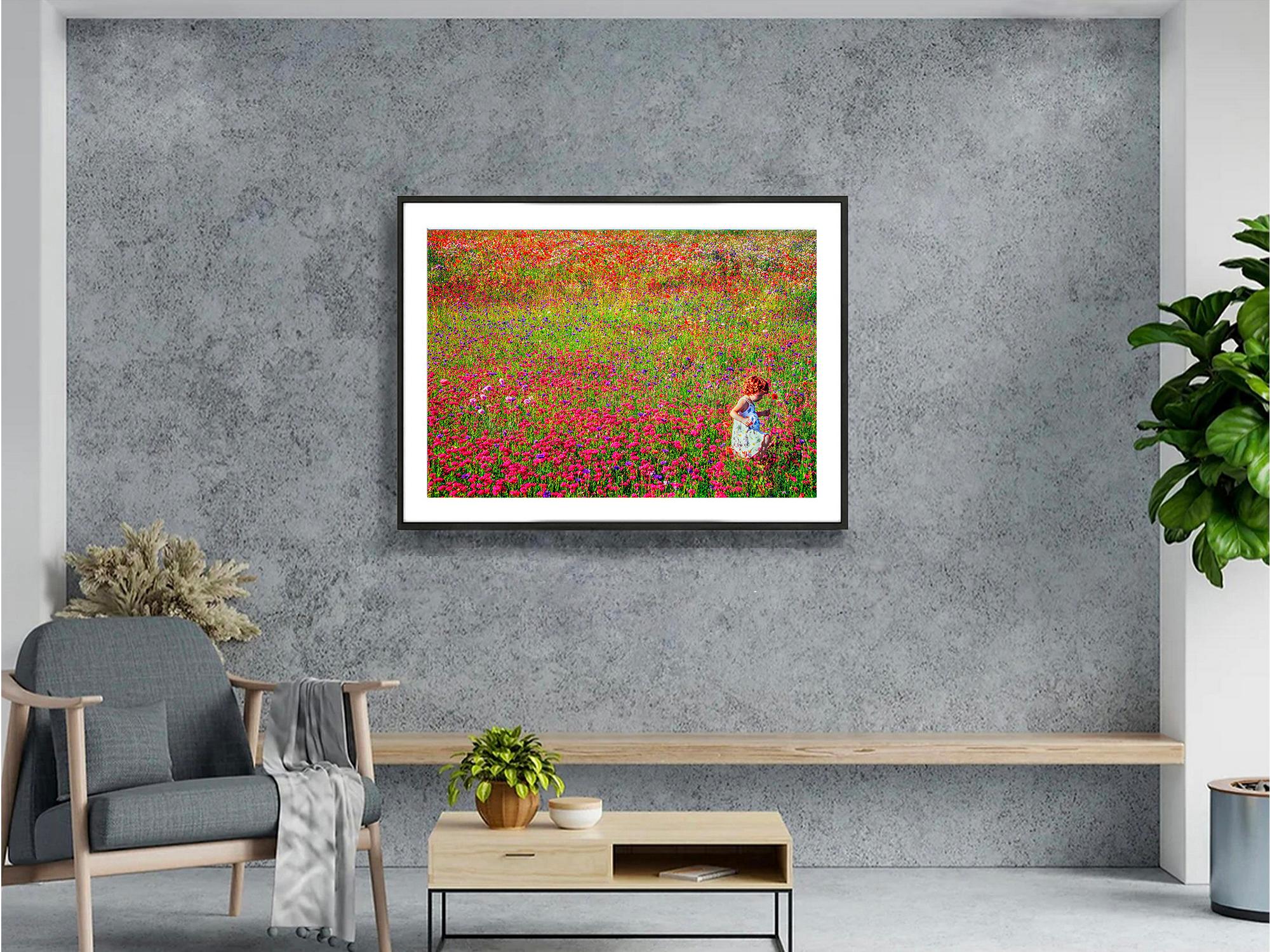  Through Mitchell Funk's lens, a field of colorful flowers in bloom turns into a Monet-like Post-Impressionist painting. A lone redhead child punctuates the composition as she prances through the blossoming flowers. The overall effect of the image