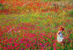 Retro Colorful Field of Flowers with Redhead Child - East Hampton Like Monet
