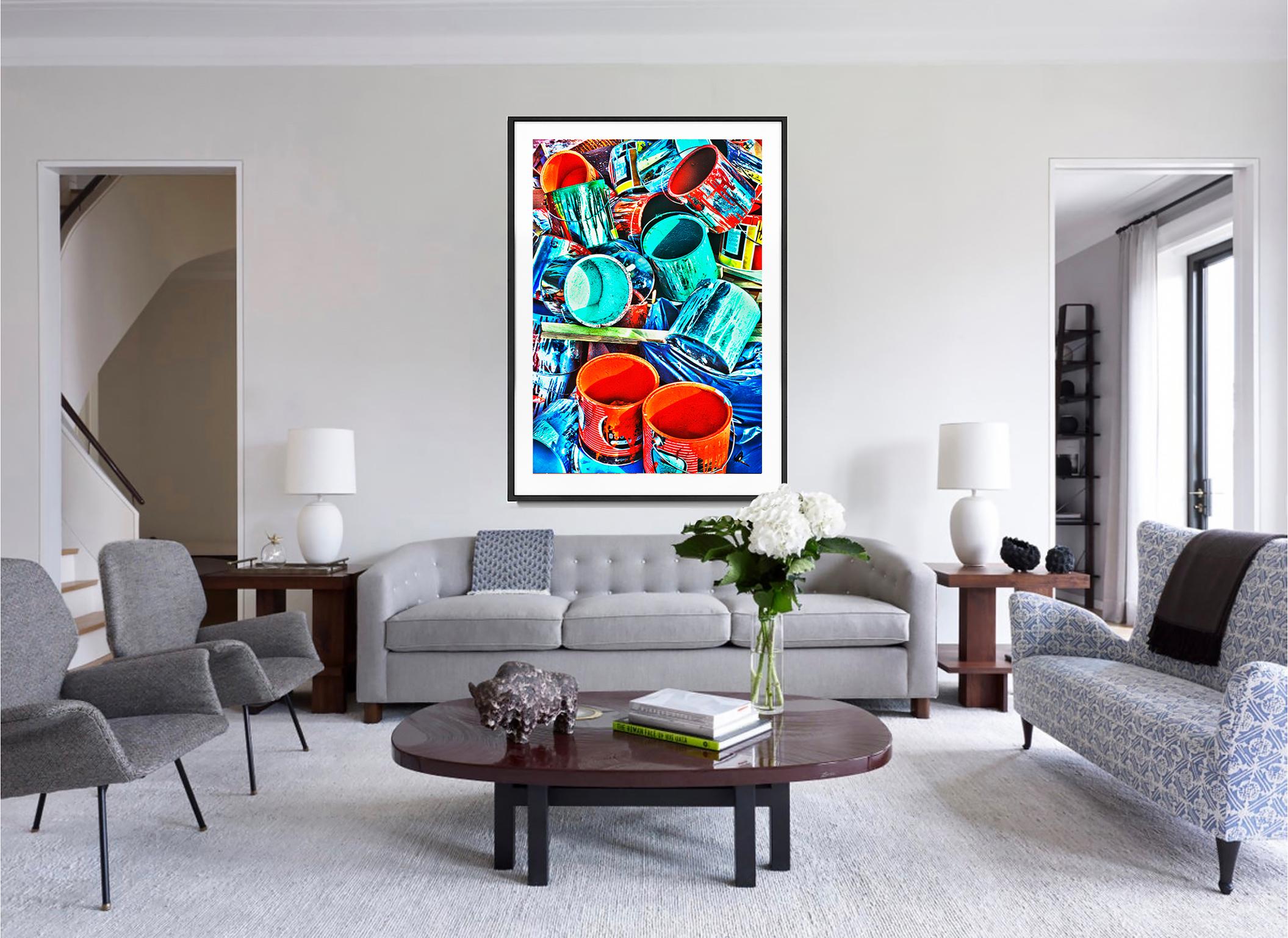 Barattoli di vernice colorata in rosso, arancione, blu e turchese - Photograph Espressionismo astratto di Mitchell Funk