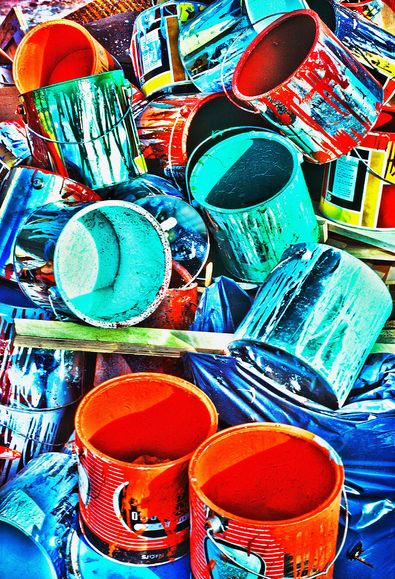 Mitchell Funk Abstract Photograph - Colorful Paint Cans in Red, Orange, Blue and Turquoise 