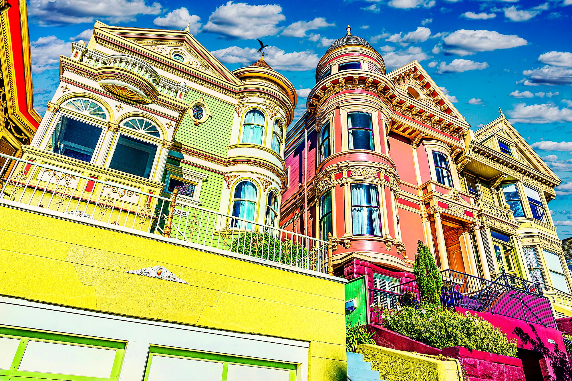 Mitchell Funk Abstract Photograph - Colorful Victorians in Alamo Square, San Francisco, Architectural Photography