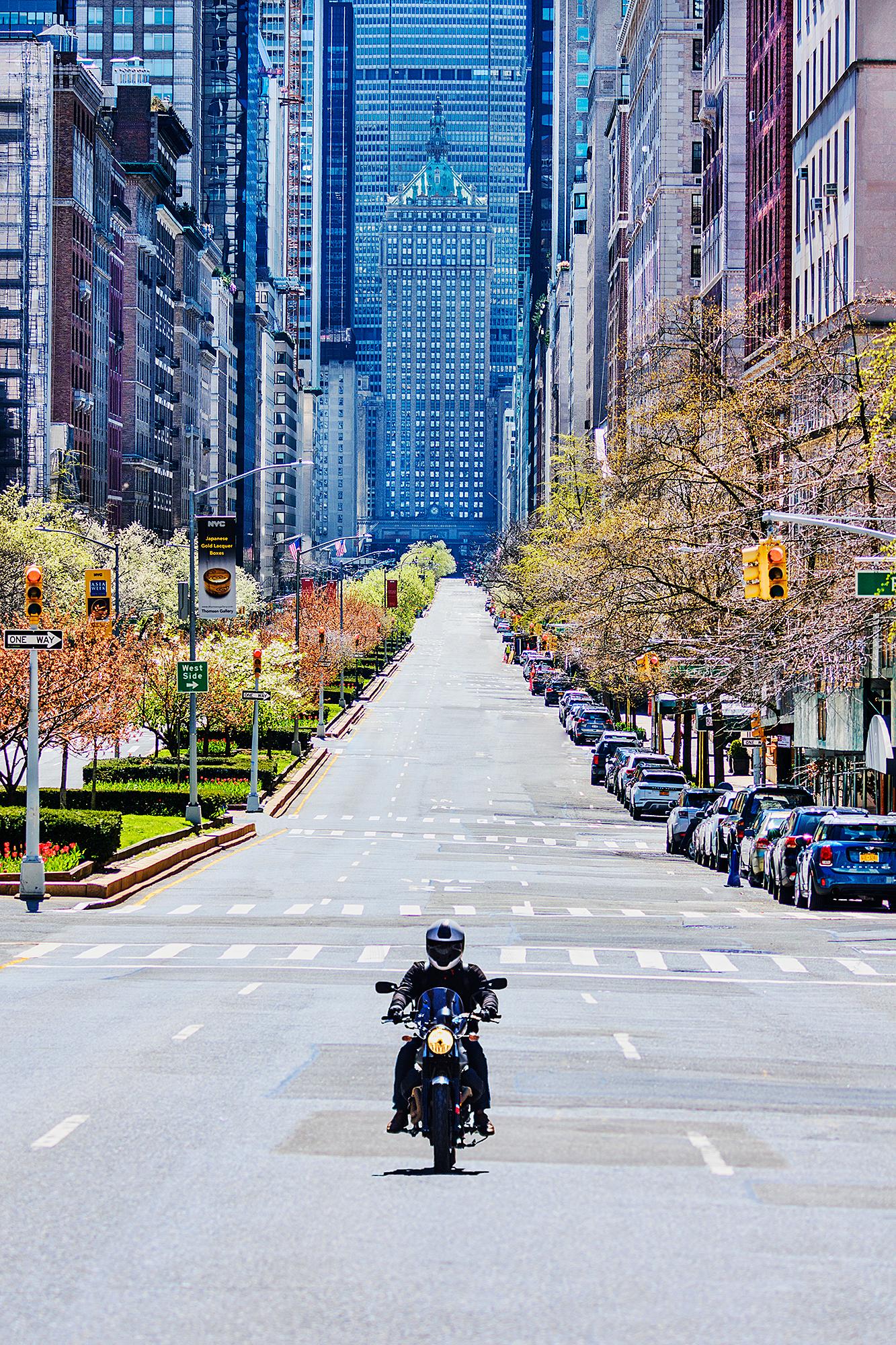 Mitchell Funk Color Photograph - Covid-19 New York City, Empty Park Avenue no Traffic Except a Lone Motorcycle