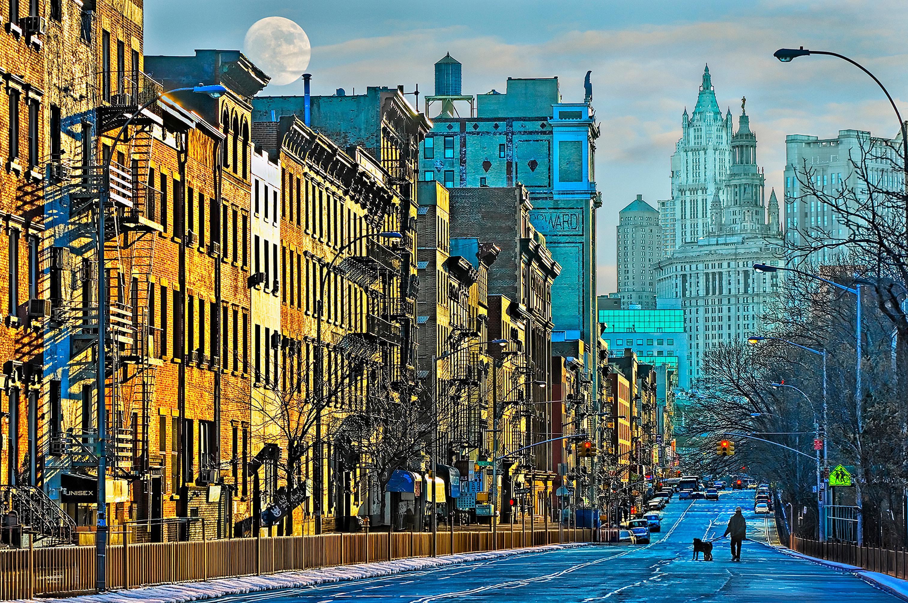„Dog Walker“ und alte Gebäude in der Lower East Side, signierte Kunstdrucke 3/15