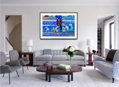 Paseador de perros. Bulldog, Yorkshire Terrier, Labrador