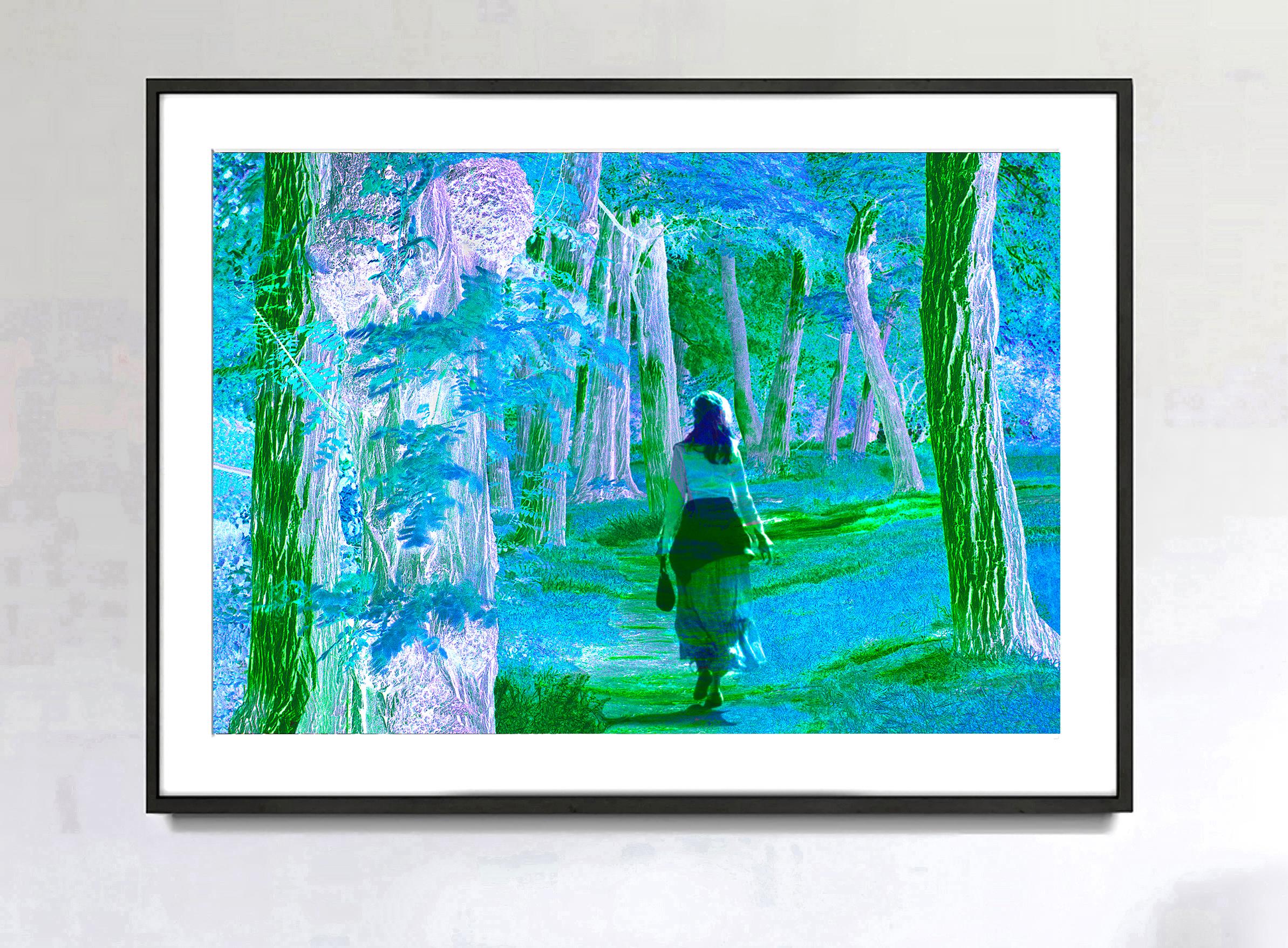  Dream Landscape - Woman Strolls in Fantasy Forest of Blue Green - Photograph by Mitchell Funk