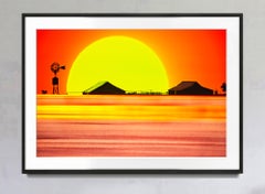 Dust bowl Texas Sunset with Dramatic Sky Windmill - Orange and Yellow landscape