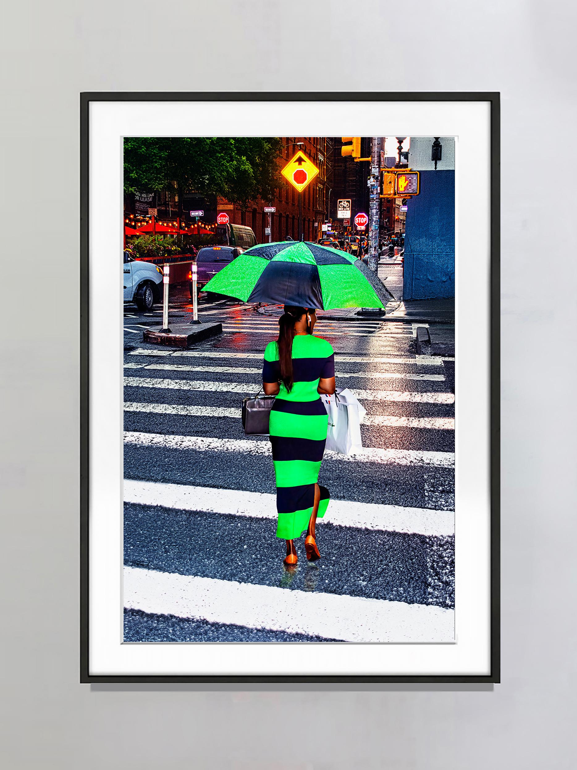 Fashionable woman's Green Stripes Echo Stripes of the Street - Photograph by Mitchell Funk