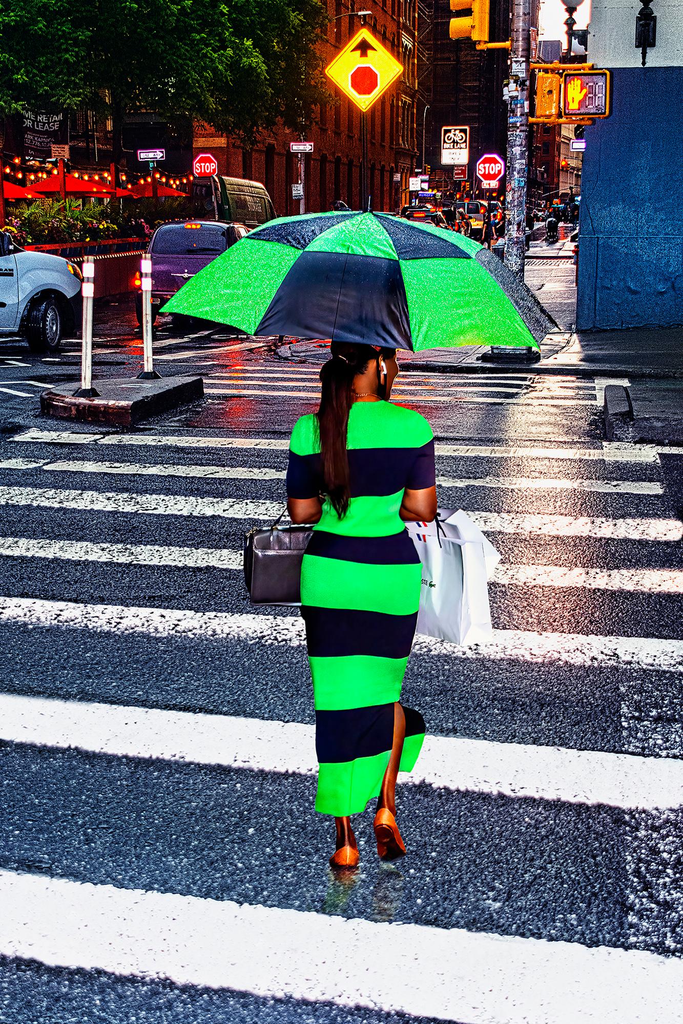 Mitchell Funk Landscape Photograph - Fashionable woman's Green Stripes Echo Stripes of the Street