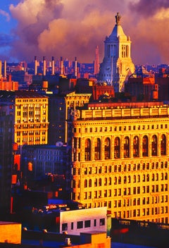 Vintage Flatiron Building in Golden Light with Williamsburg Tower,  Classic Architecture