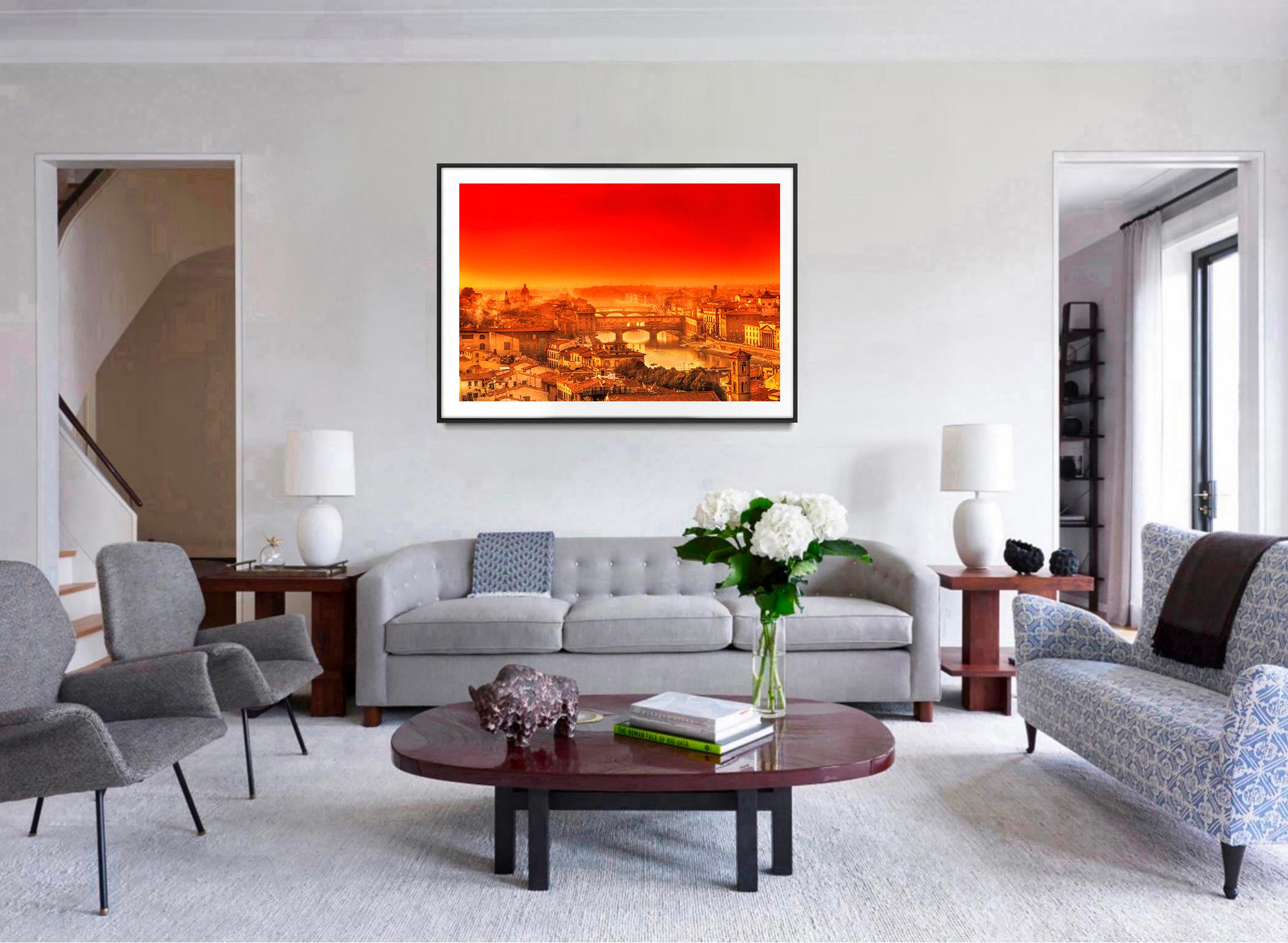 A fresh and bold paintbrush characterizes a classic view of Florence. Mitchell Funk's application of vibrantly bold orange effects a rebirth of the birthplace of the Renaissance. Wrapped in a veil of pure color, the 500-year-old terra cotta roofed