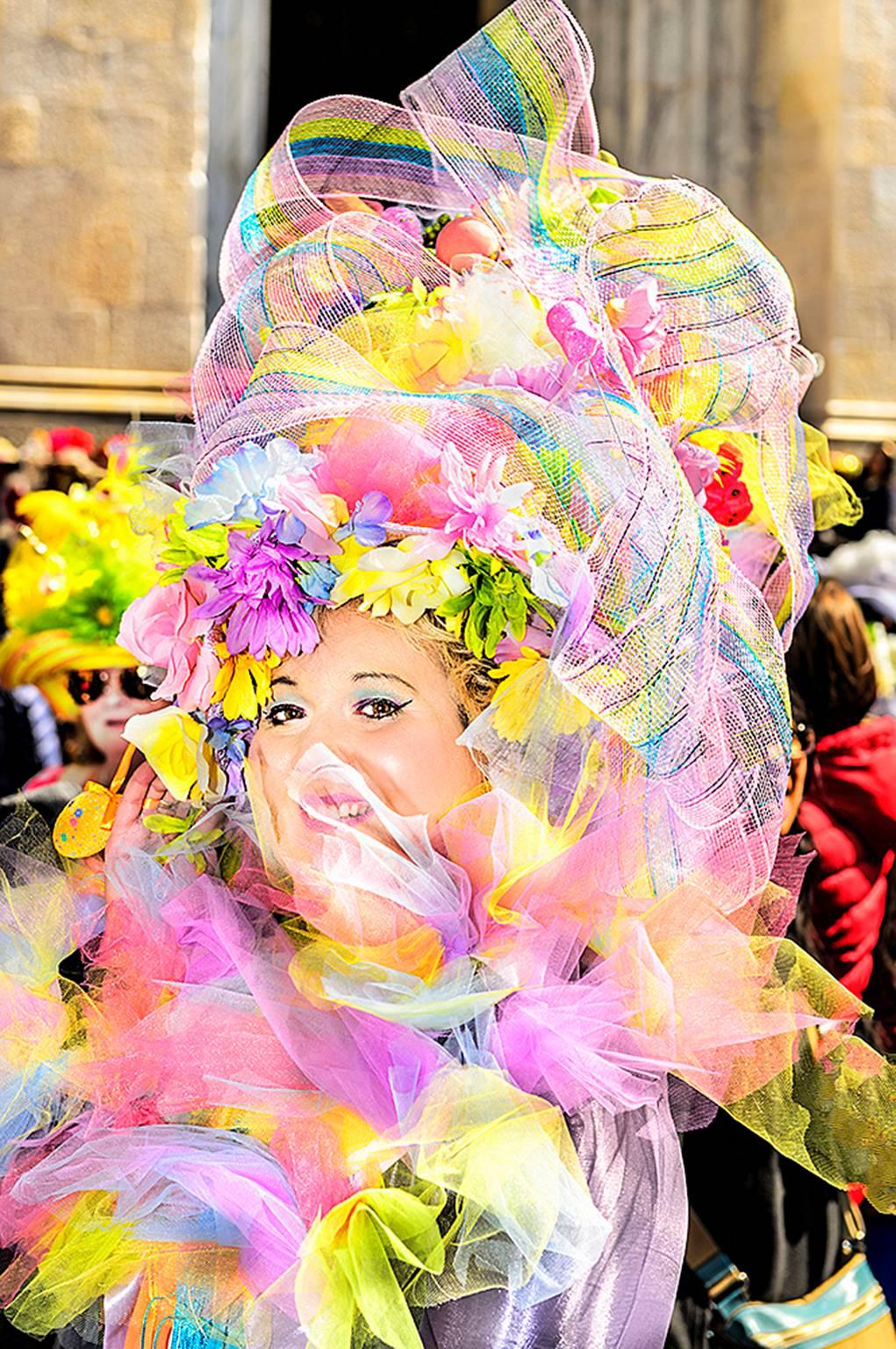 Mitchell Funk Color Photograph - Flower Hat in   Yellows, Blues and Pinks 