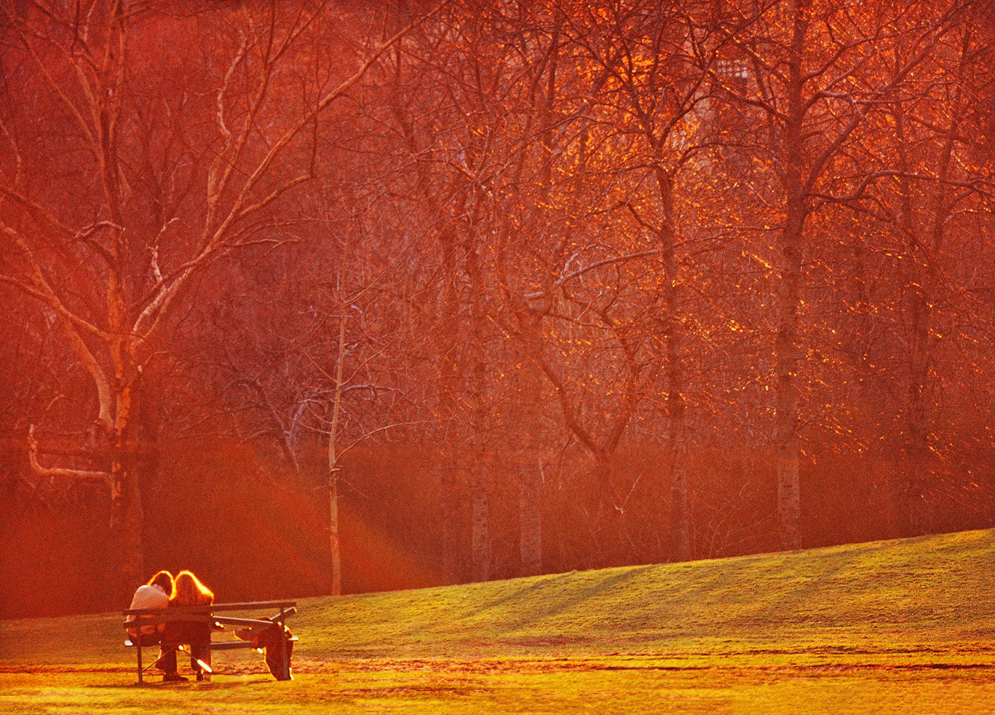 Goldenes Licht, das ein romantisches Paar im Central Park beleuchtet – Bernstein und Orange 