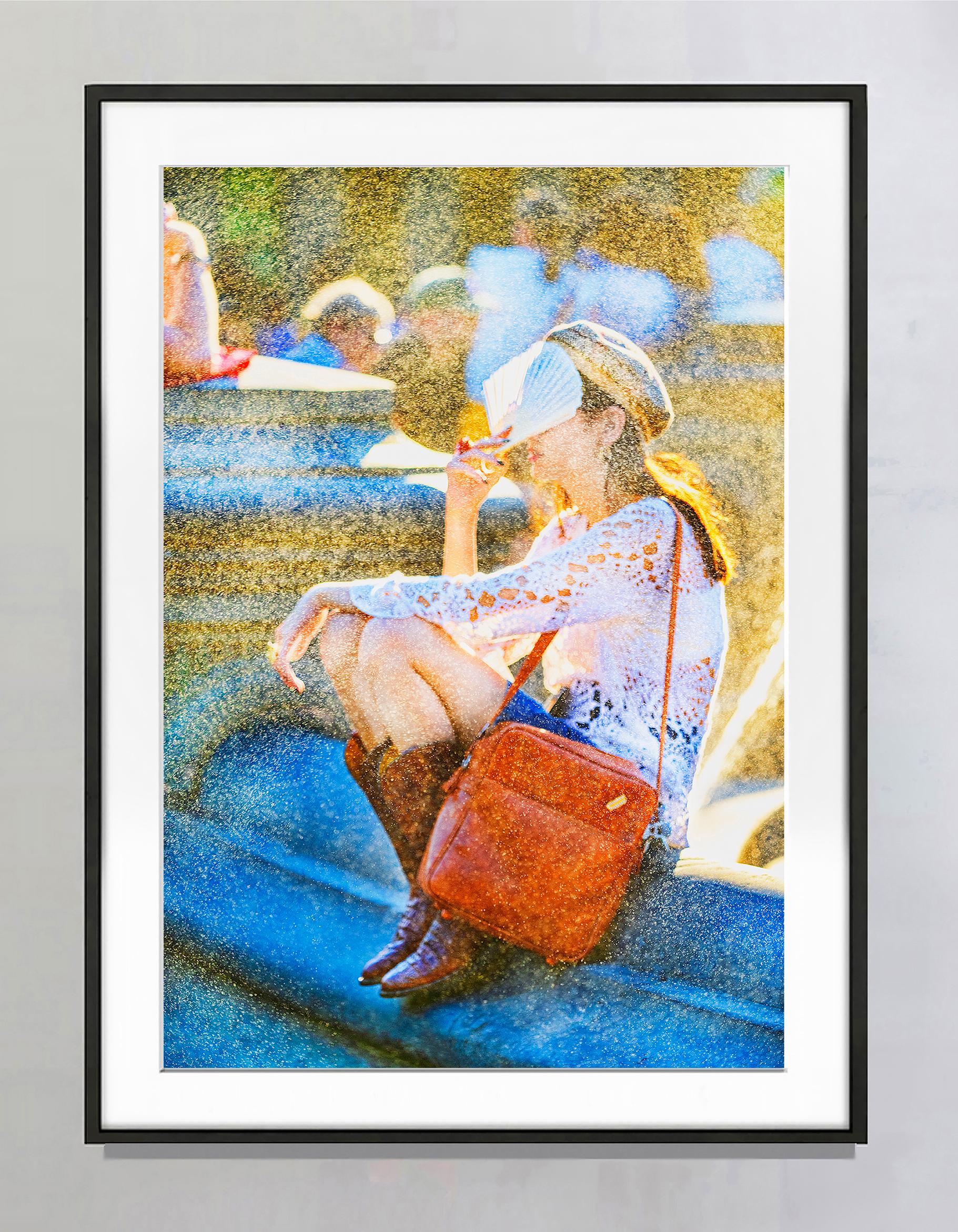 Golden Mist at the Fountain - Impressionist Girl Relaxing  like Georges Seurat For Sale 1