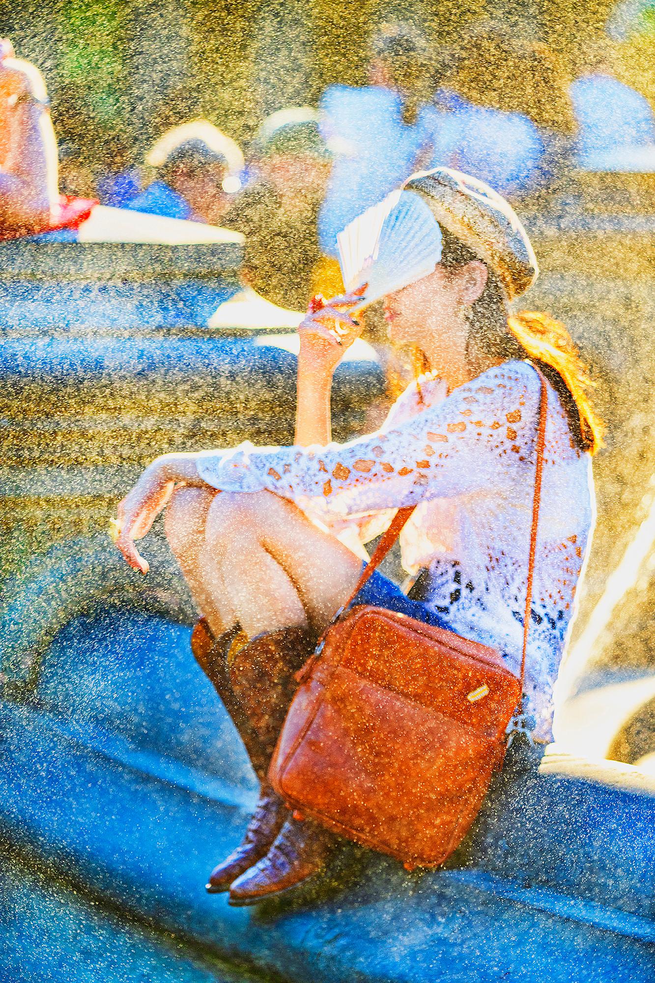 Mitchell Funk Portrait Photograph - Golden Mist at the Fountain - Impressionist Girl Relaxing  like Georges Seurat