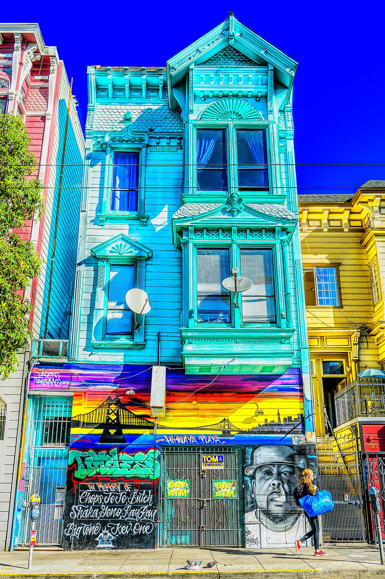 Mitchell Funk Color Photograph - Haight Ashbury Victorian  Architecture with Street Graffiti