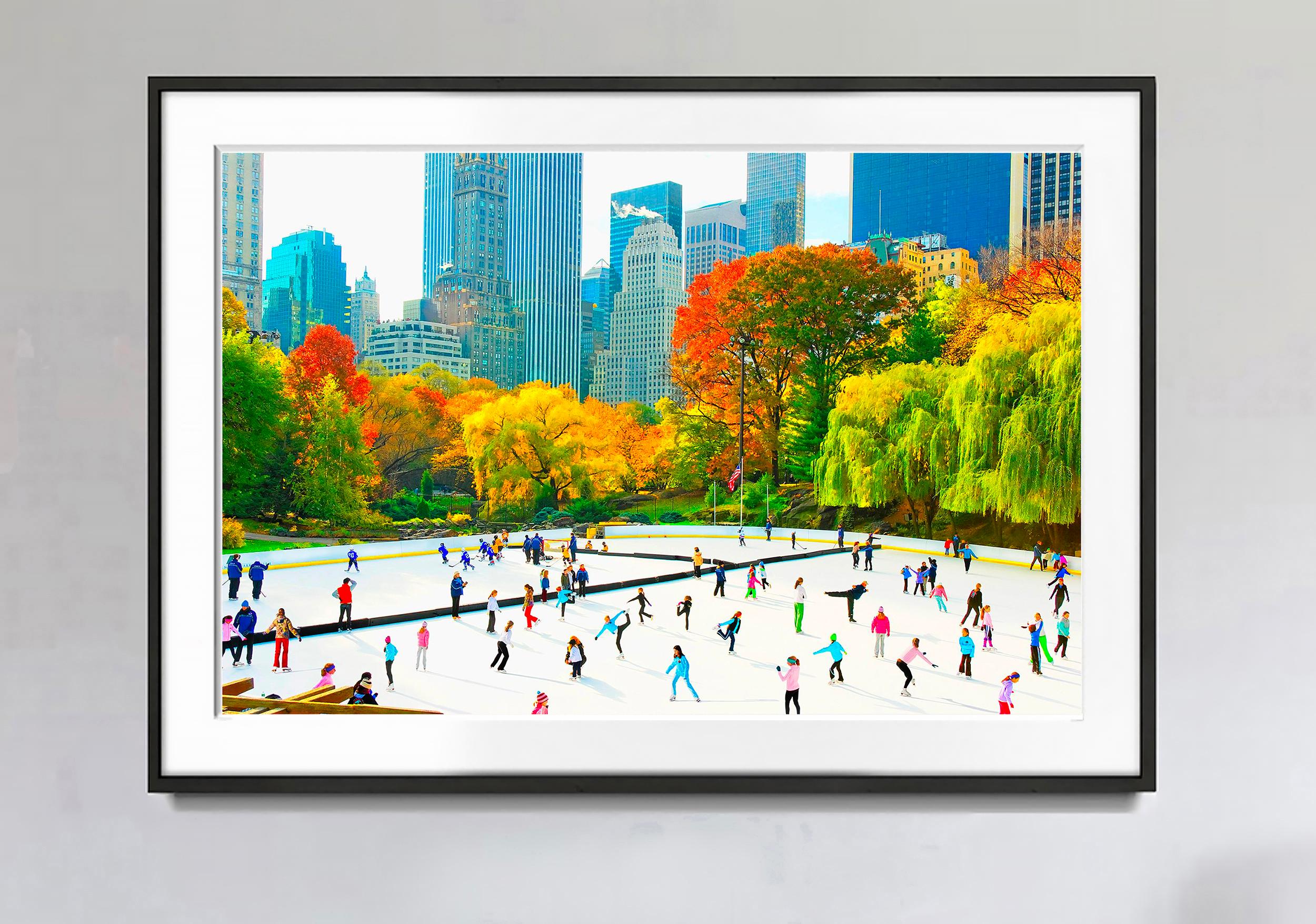 Ice Skaters in Central Park Rink  Panoramic view of the Skyline Autumn Colors - Photograph by Mitchell Funk