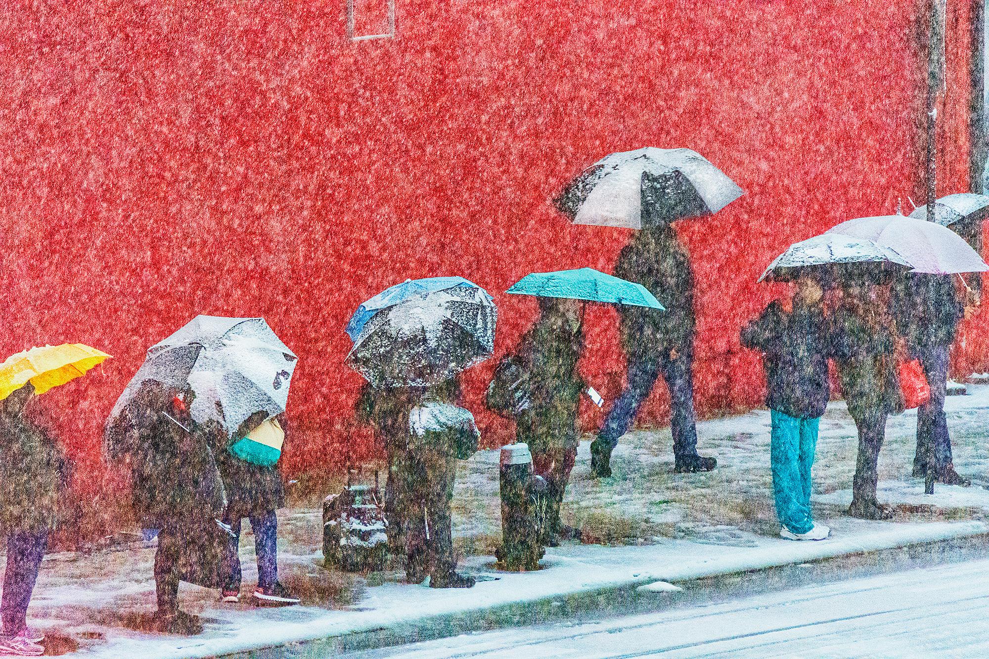 Impressionistische Street Scene Manhattan im Schnee   - Rot- und Grautöne 