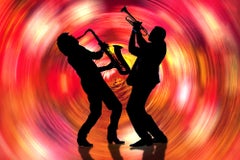 Retro Jazz Musicians Saxophone and Trumpet Vibe in Red Swirl  - Music is Color