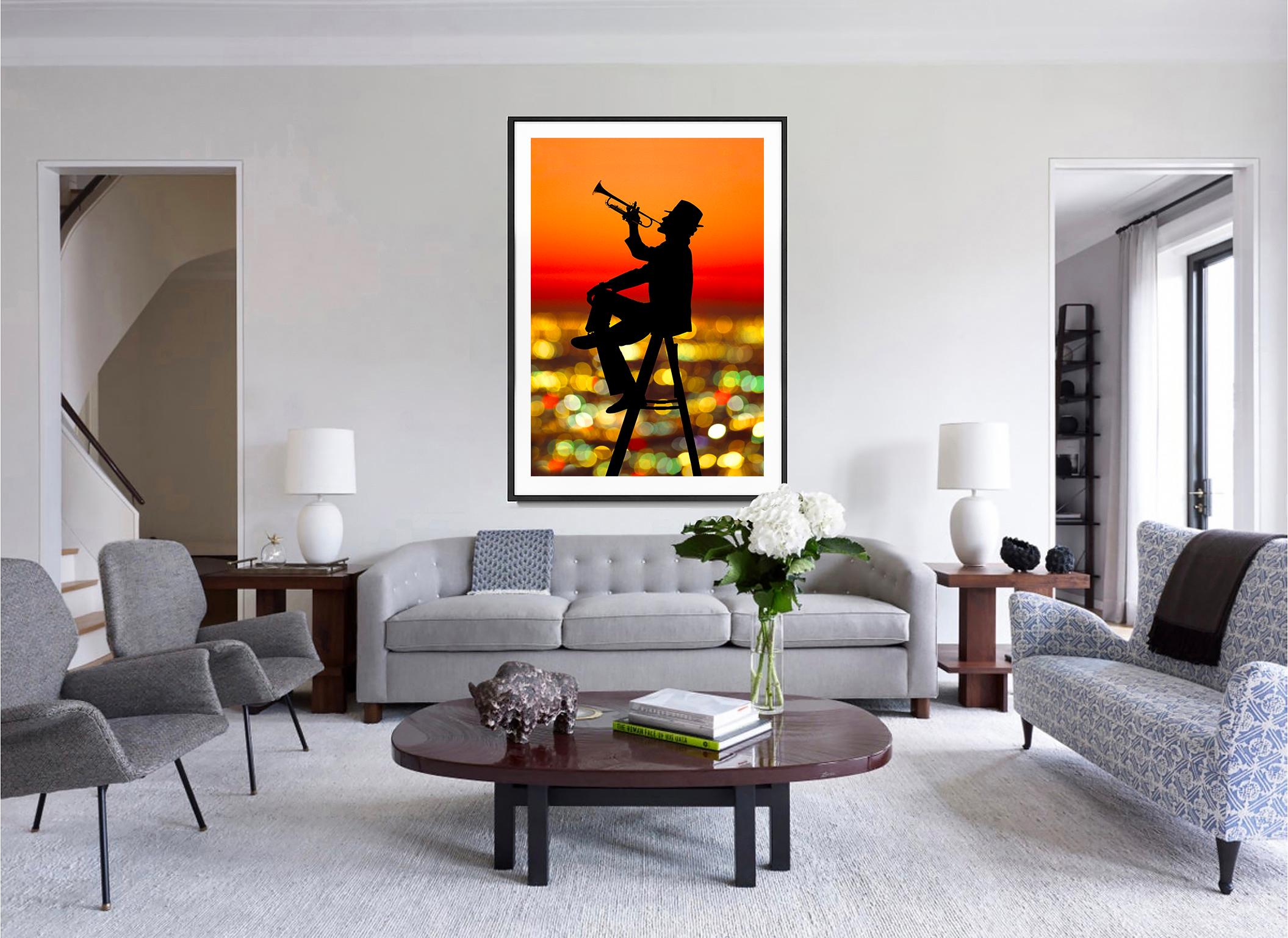 Joyful Jazz Trumpet Player in Silhouette Floating  Orange Sunset Los Angeles - Contemporary Photograph by Mitchell Funk