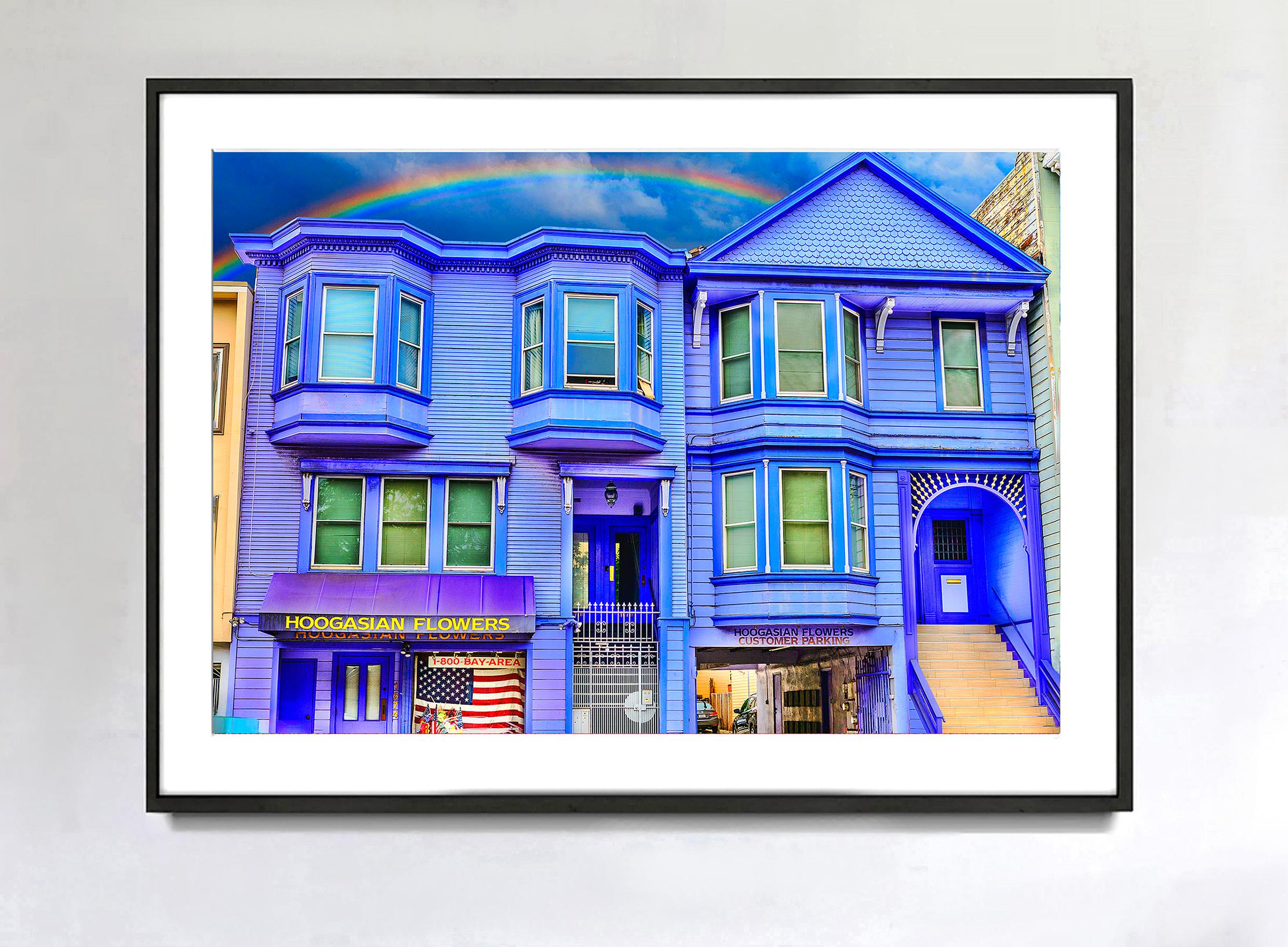Joyful San Francisco Victorian in Purple with Rainbow like Gay Flag  - Photograph by Mitchell Funk