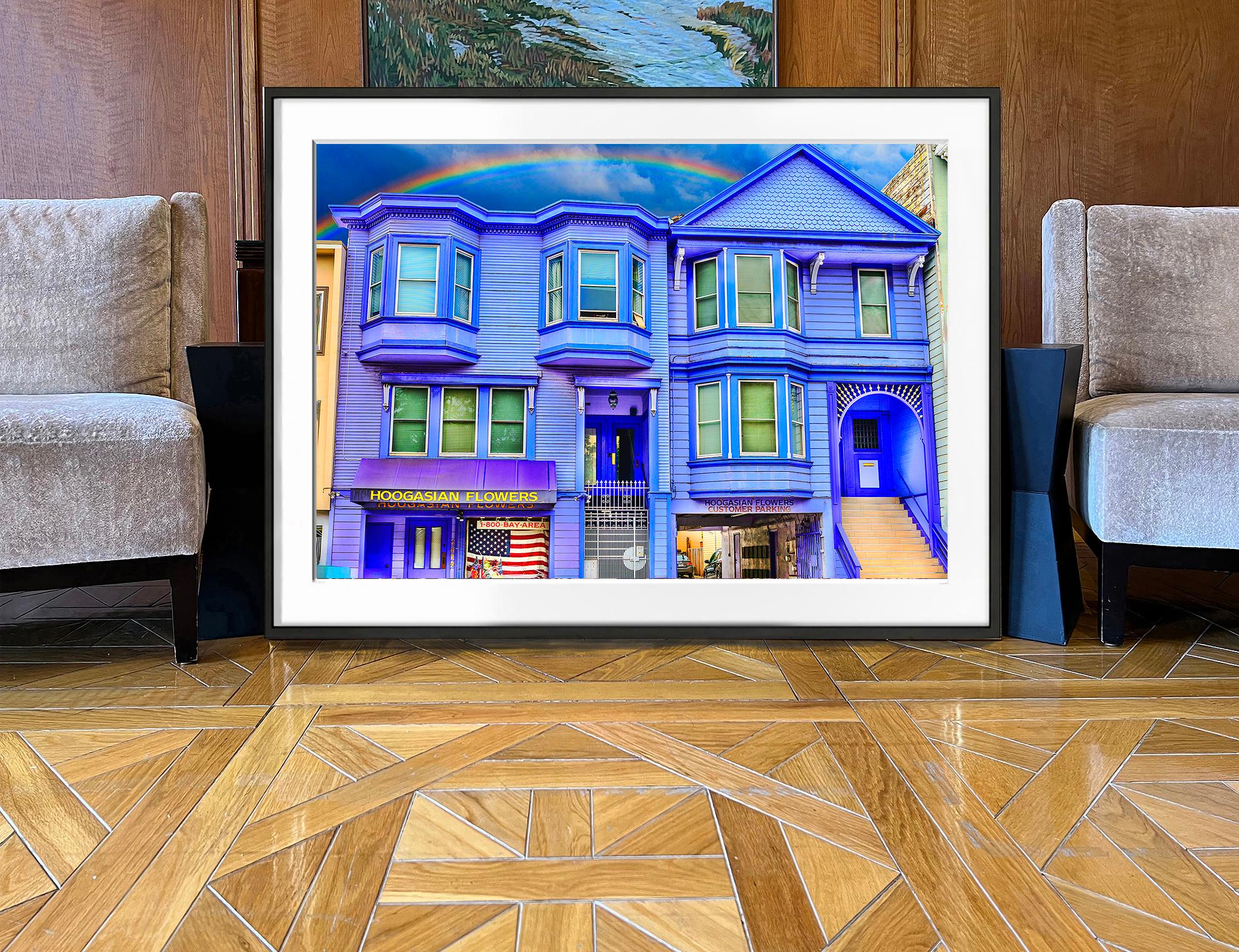 Joyful San Francisco Victorian in Purple with Rainbow like Gay Flag  - Contemporary Photograph by Mitchell Funk