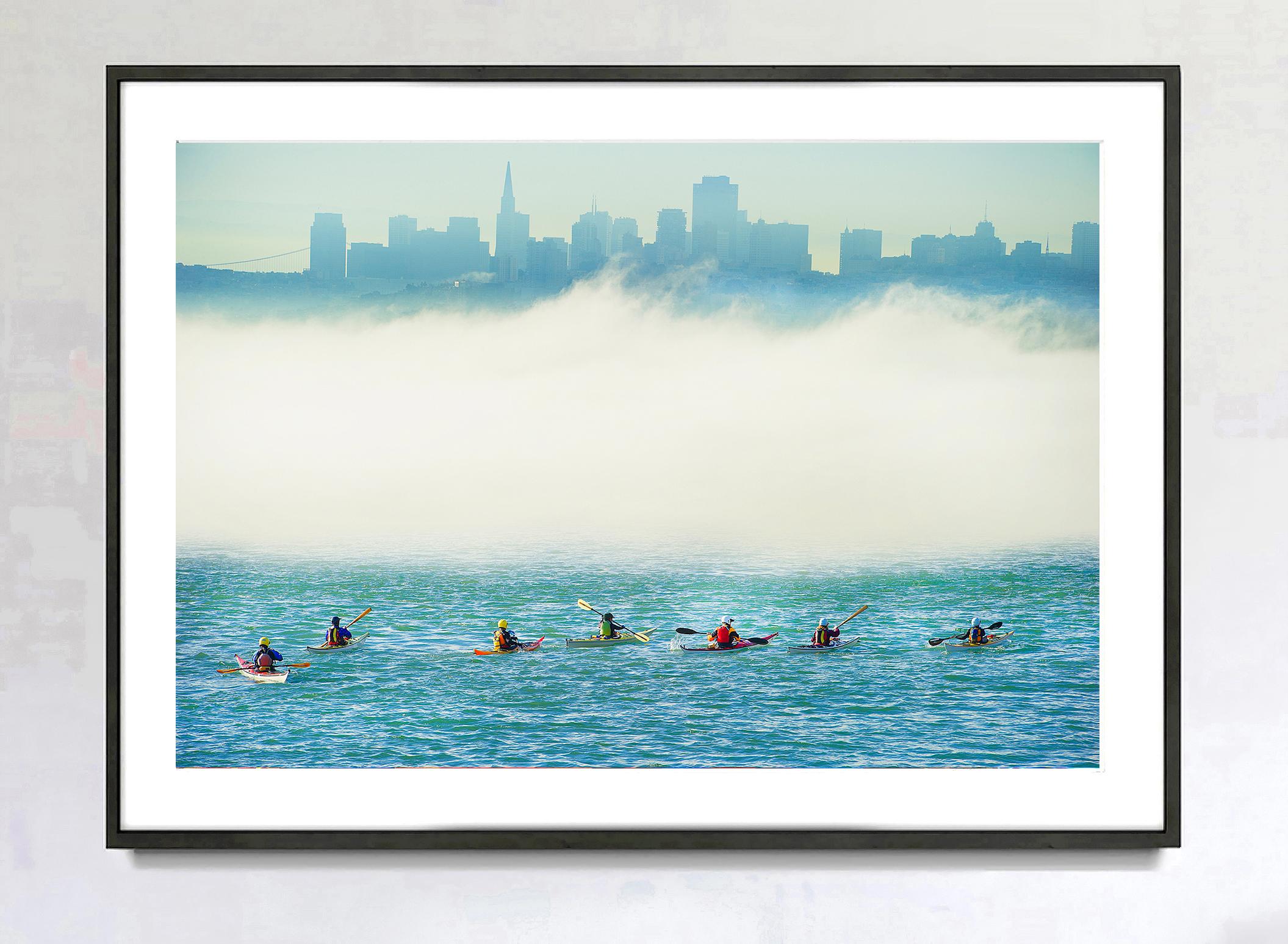 Surreal Kayak Party in Foggy Metaphysical San Francisco Bay with Muted Skyline - Photograph by Mitchell Funk