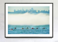 Surreal Kayak Party in Foggy Metaphysical San Francisco Bay with Muted Skyline