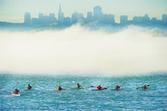 Surreal Kayak Party in Foggy Metaphysical San Francisco Bay with Muted Skyline