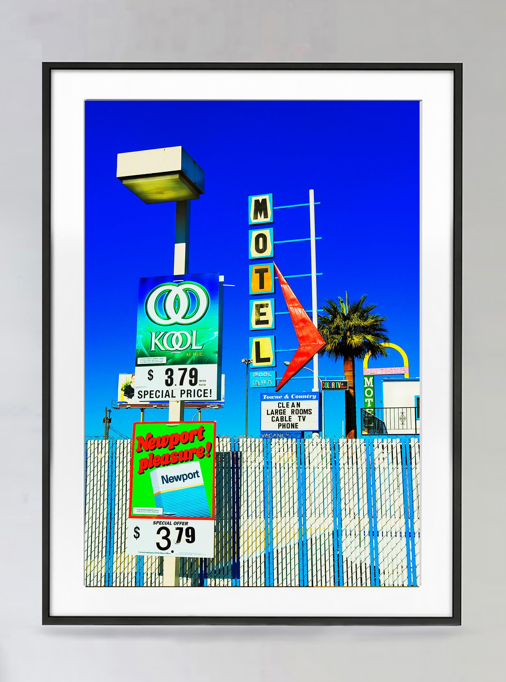 Las Vegas Motel with Mid-Century Street Sign and Palm Tree  - Photograph by Mitchell Funk