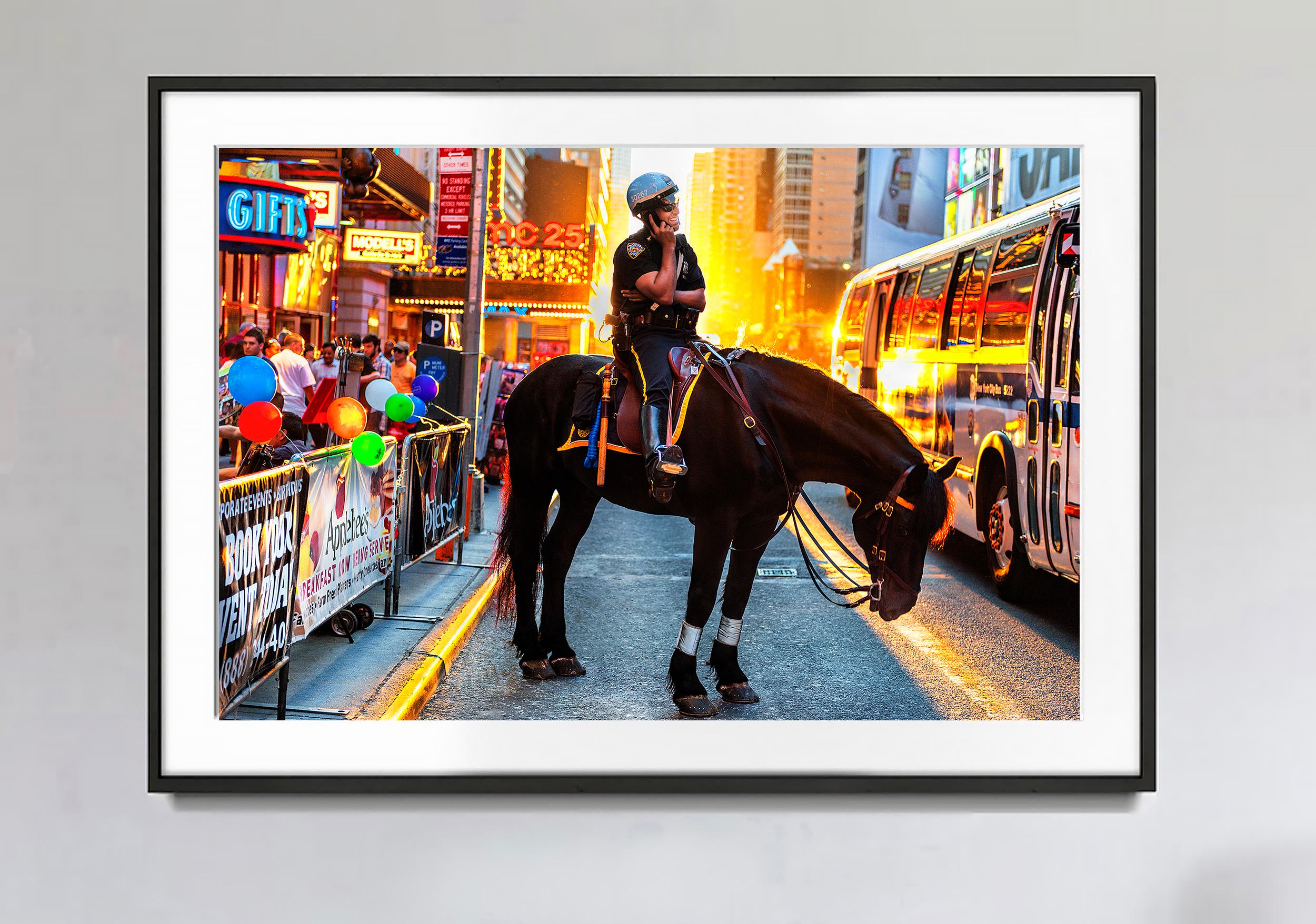 Laughing Policeman on Horse 42nd Street Times Square Golden Light - Photograph by Mitchell Funk