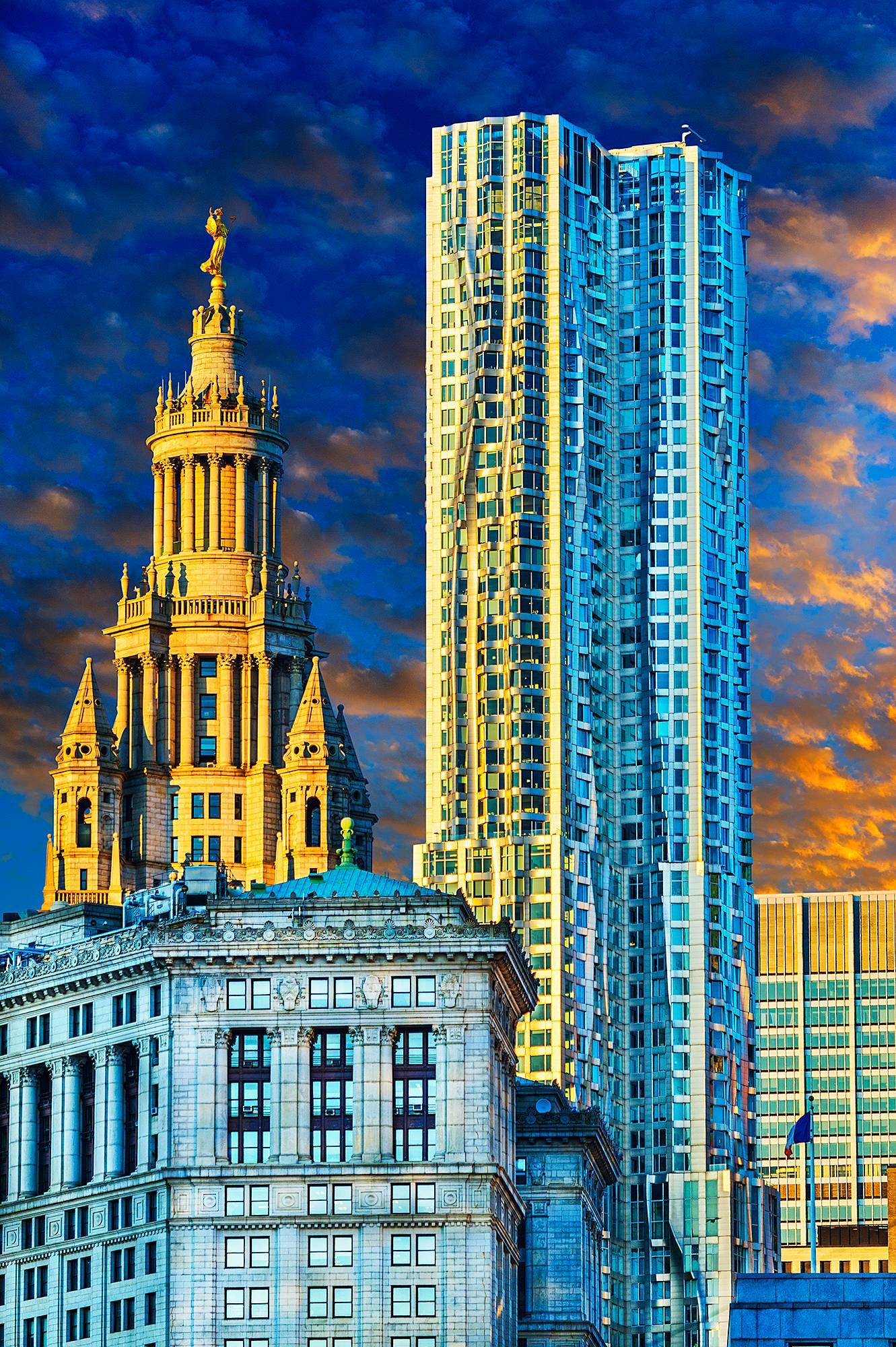 Mitchell Funk Color Photograph - Lower Manhattan Skyline Idyllic, New York City is God light. 
