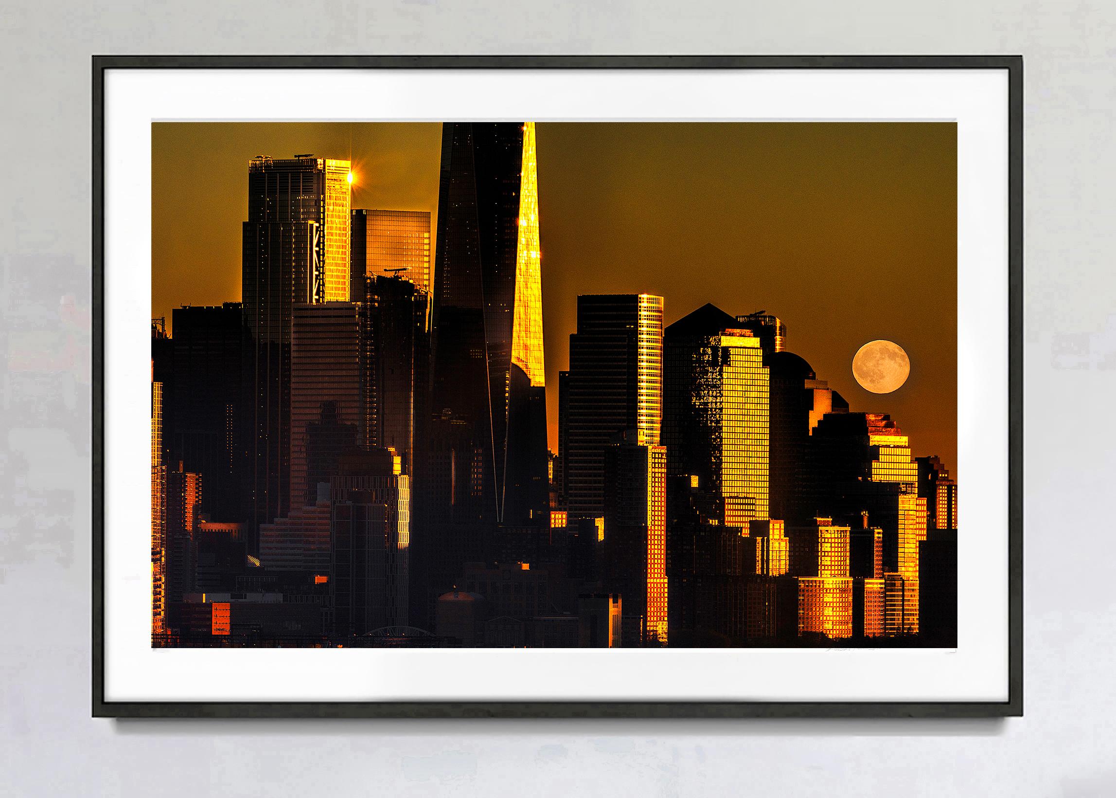 Lower Manhattan Skyline in Gold Light with Moon. New York City  - Photograph by Mitchell Funk