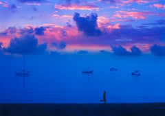 Vintage Magenta Sky at Dusk , Serene Sky in Blue and Magenta  Running Man and Boats 