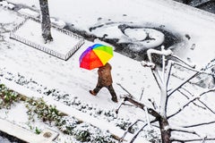 New York City Snowstorm With Rainbow Color Umbrella, Fine Art Print