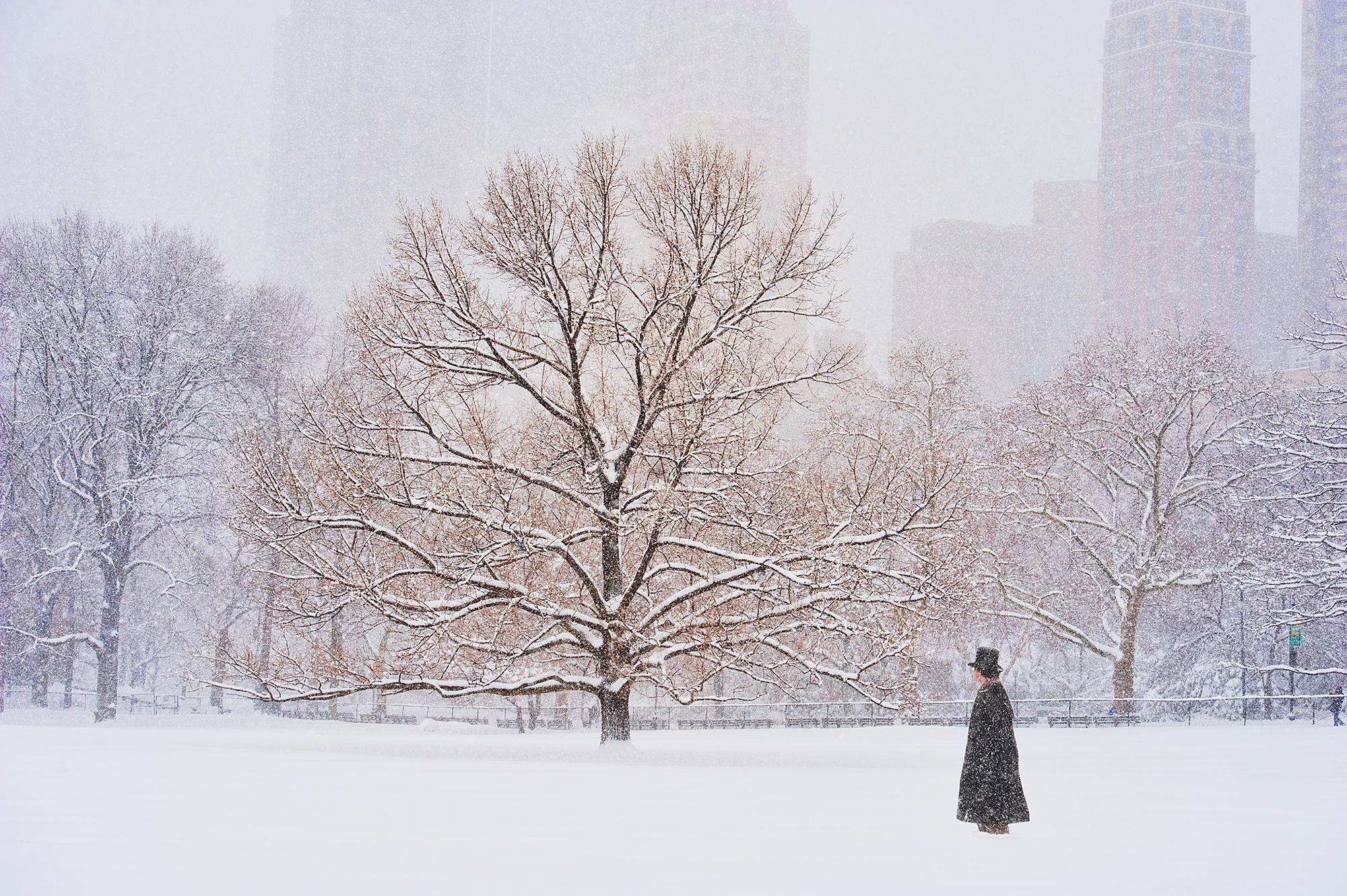 Man avec chapeau au sommet dans un parc central pendant une tempête de neige 