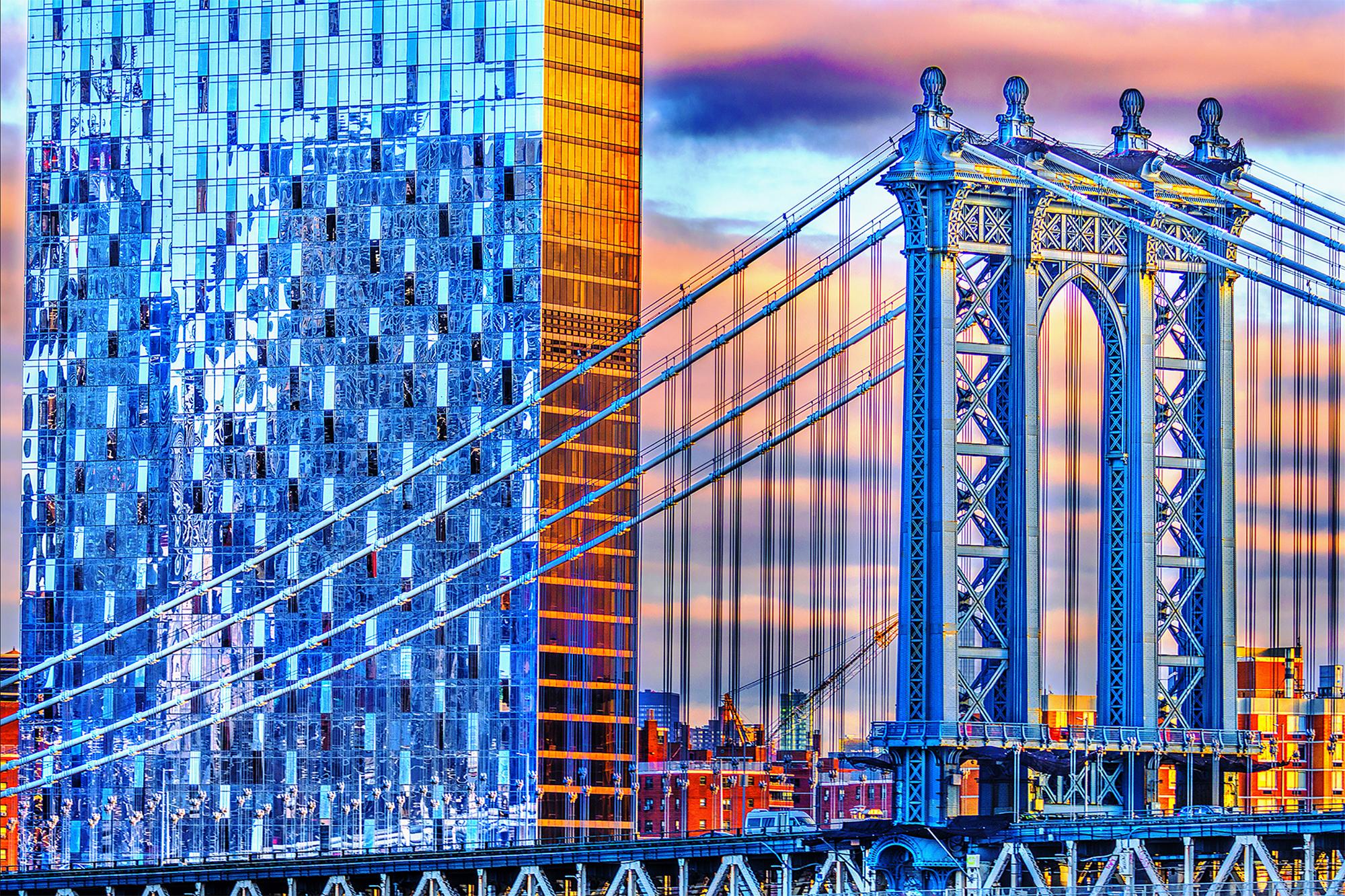 Mitchell Funk Color Photograph - Manhattan Bridge from Brooklyn in Blue and Gold